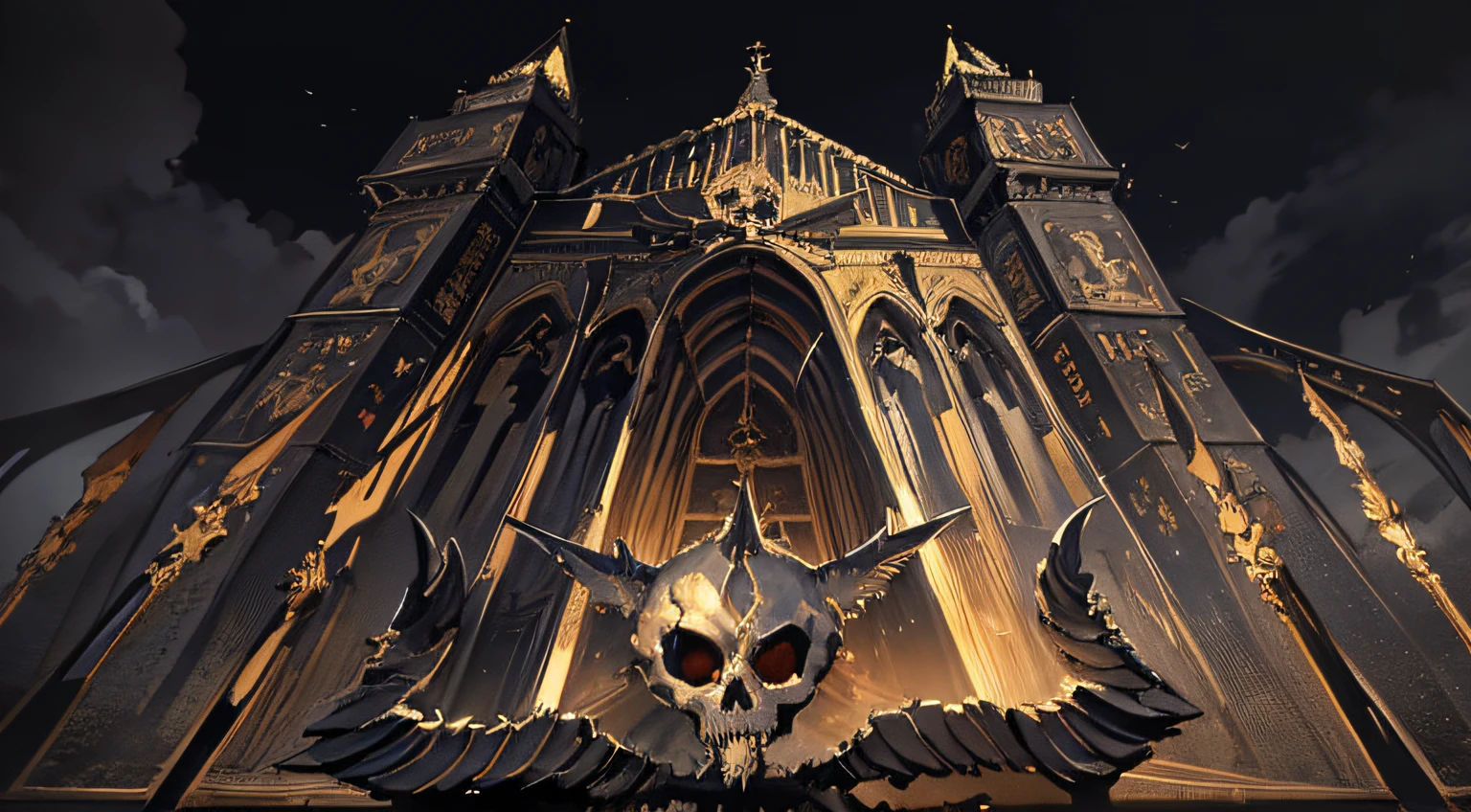 In the dark underground of the Gothic cathedral,There is a large skeleton on the front, The top of the church is inlaid with skeletons,The church is surrounded by idols of gods,Demon runes,Demon Lance,Dark style,hellish scene,