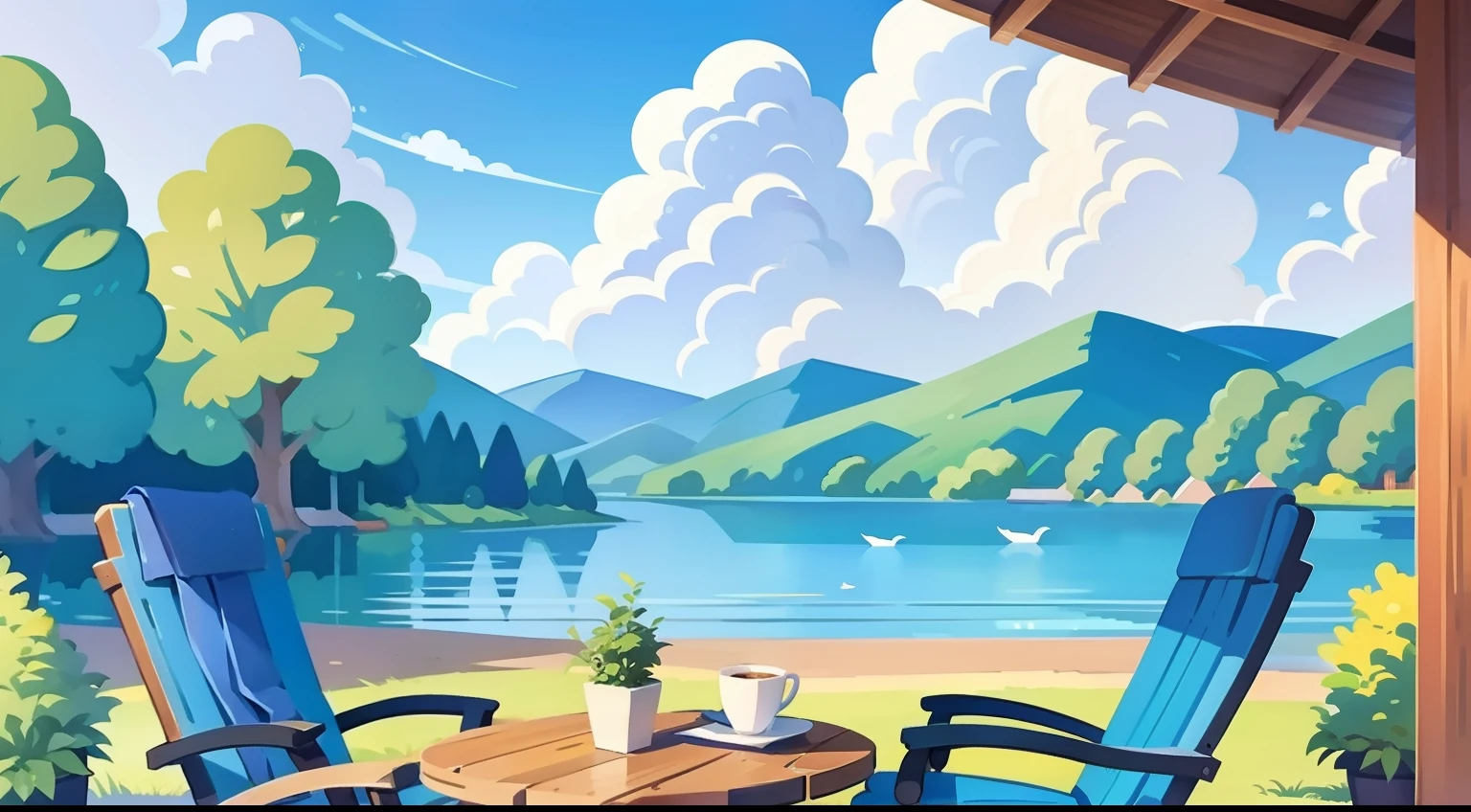 Beautiful landscape painting、Cafe terrace seating、blue-sky、ultra-quality、masutepiece、Natural Color、Dogs lounging