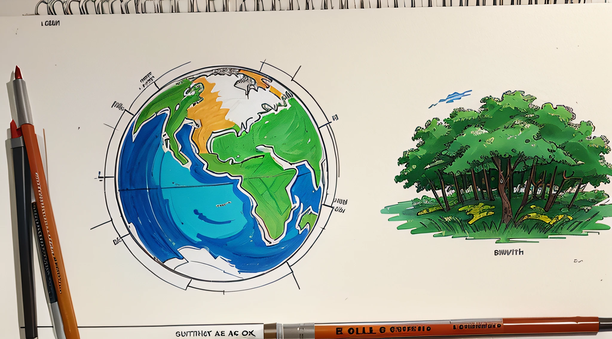 Environmental theme, Gouache line diagram, Sketch Earth, Full screen, environment friendly