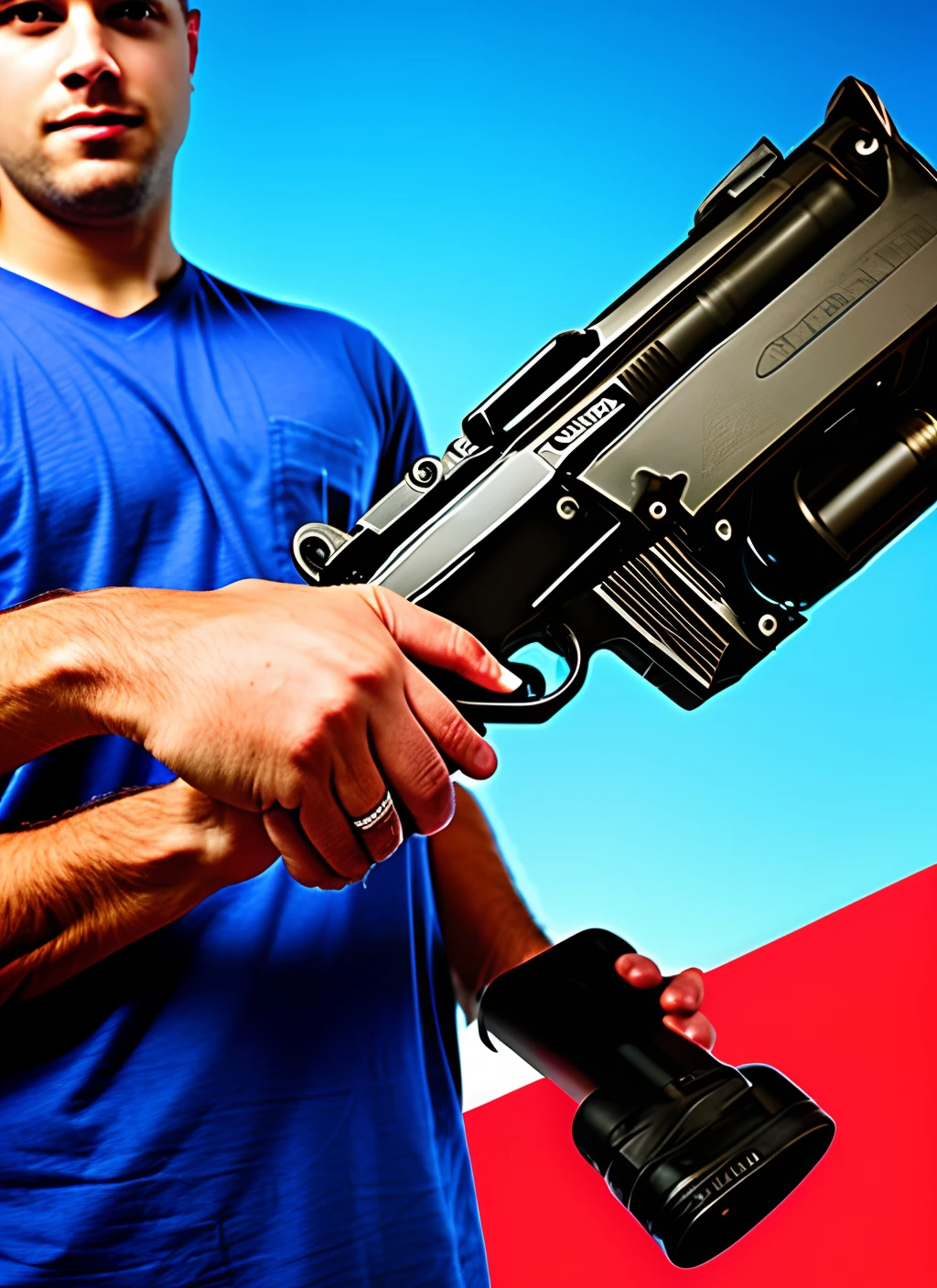 Generate an image for a company called KKP to print on the back of a T-shirt,Guns included,the motorcycle