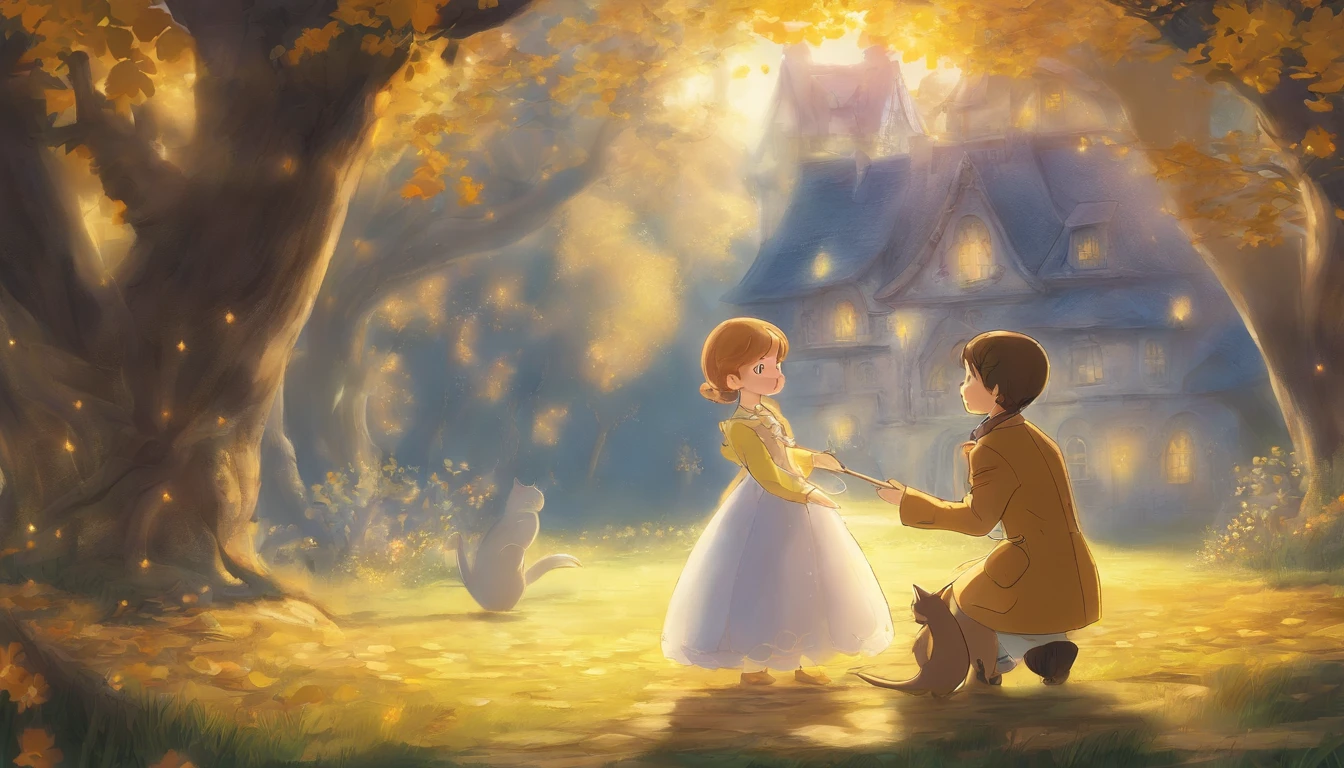 Meet in a sunny park、A girl staring at each other and a light gray cat 10years old girl、I have chestnut hair Fantastic and happy feelings The overall design is classic.、The color is dark yellow Picture book illustrations