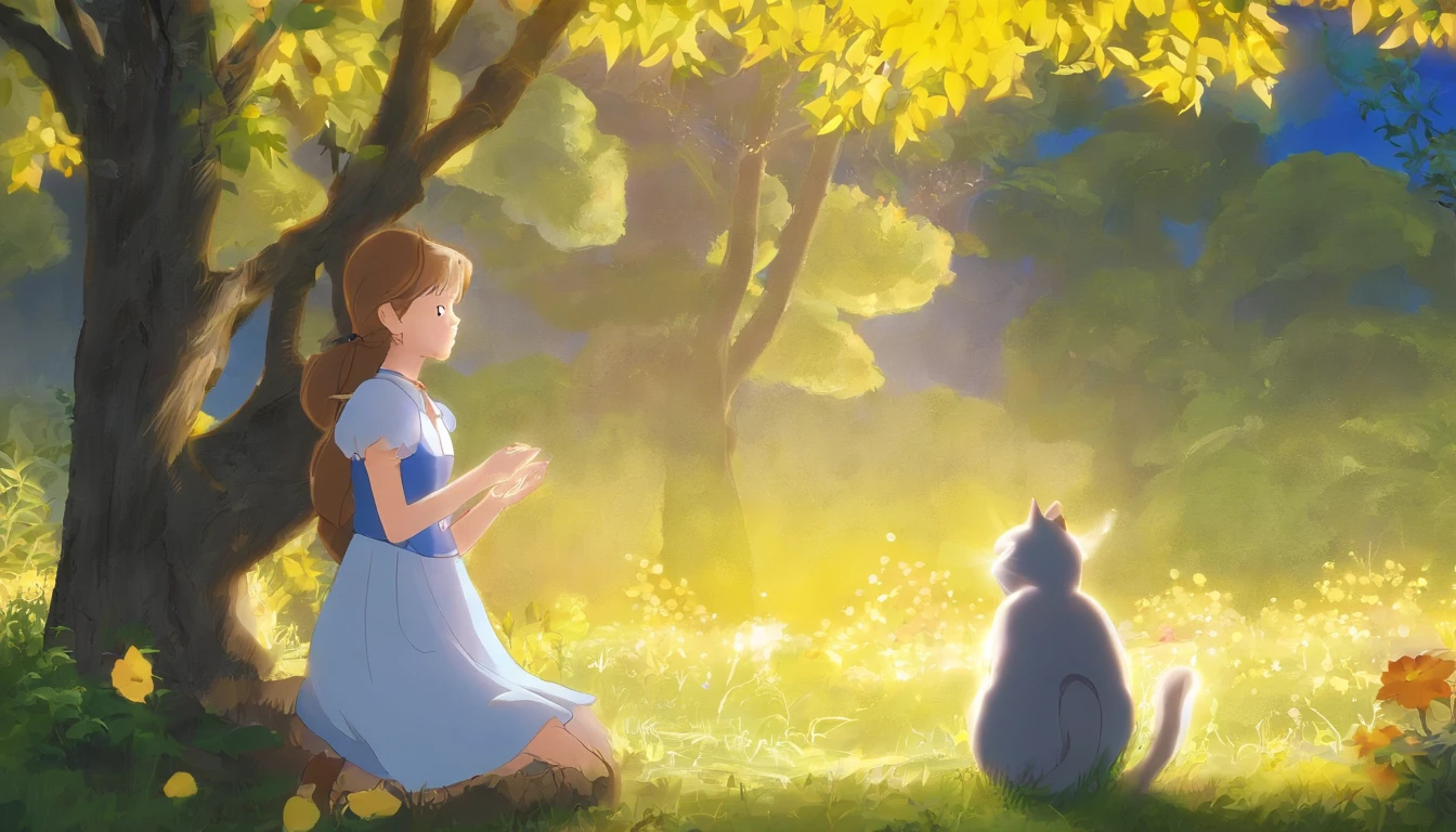 Meet in a sunny park、A girl staring at each other and a light gray cat　10years old girl、I have chestnut hair　Fantastic and happy feelings　watercolor paiting　The overall design is classic.、The color is dark yellow　Picture book illustrations