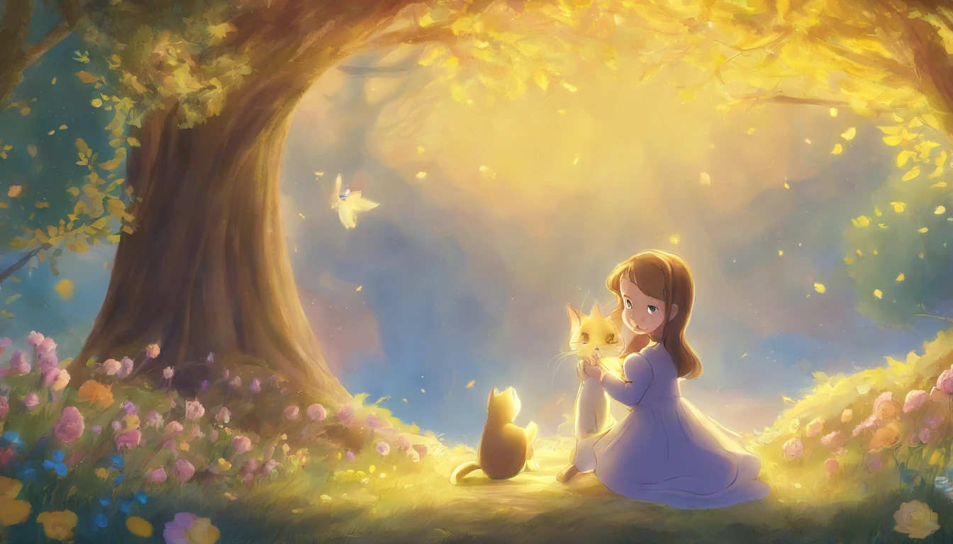Meet in a sunny park、A girl staring at each other and a light gray cat 10years old girl、I have chestnut hair Fantastic and happy feelings The overall design is classic.、The color is dark yellow Picture book illustrations