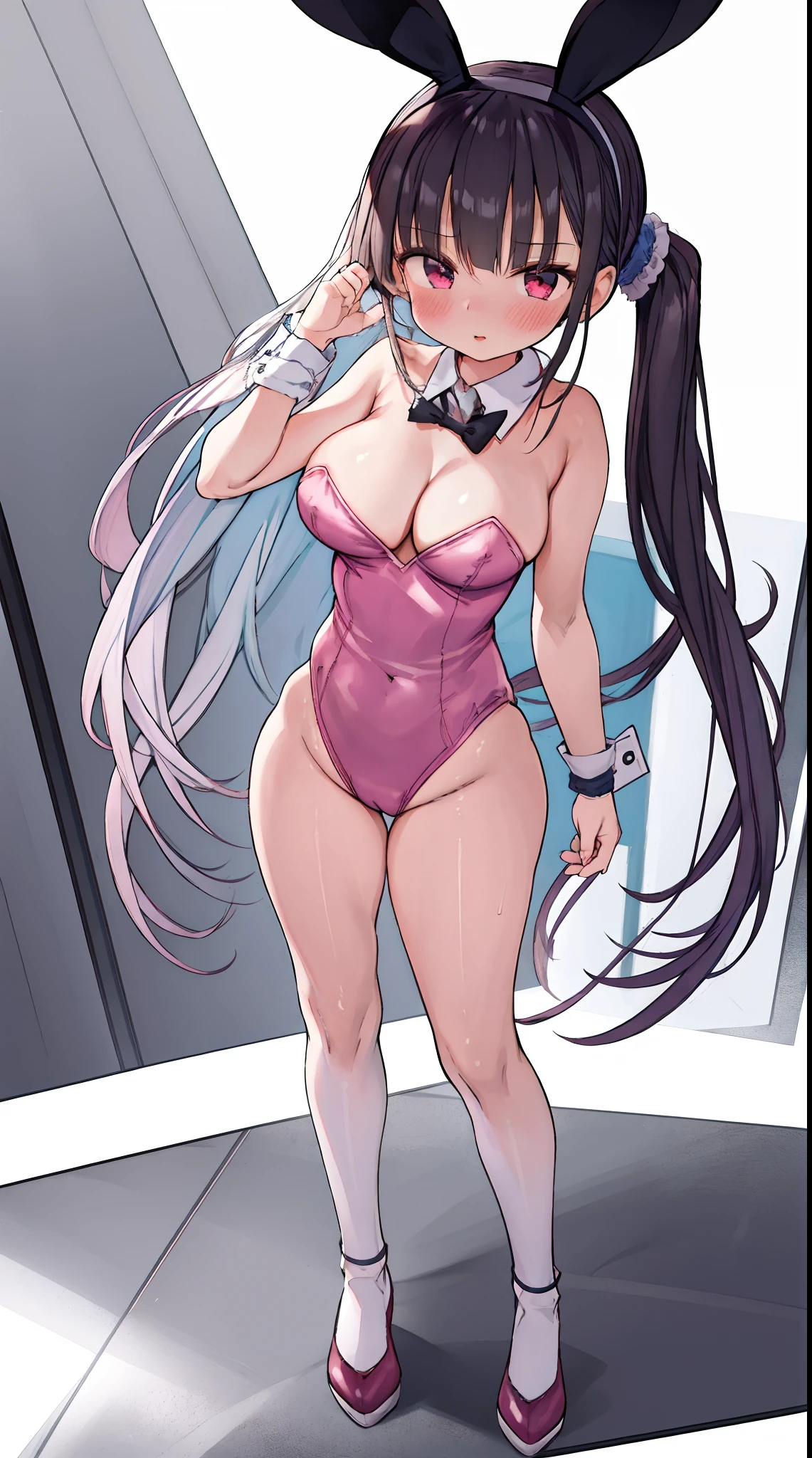 masterpiece, best quality, highres, seductive, 1girl, hair scrunchie, middle breast, full body shot, standing, playboy bunny suits, bunny ear band,