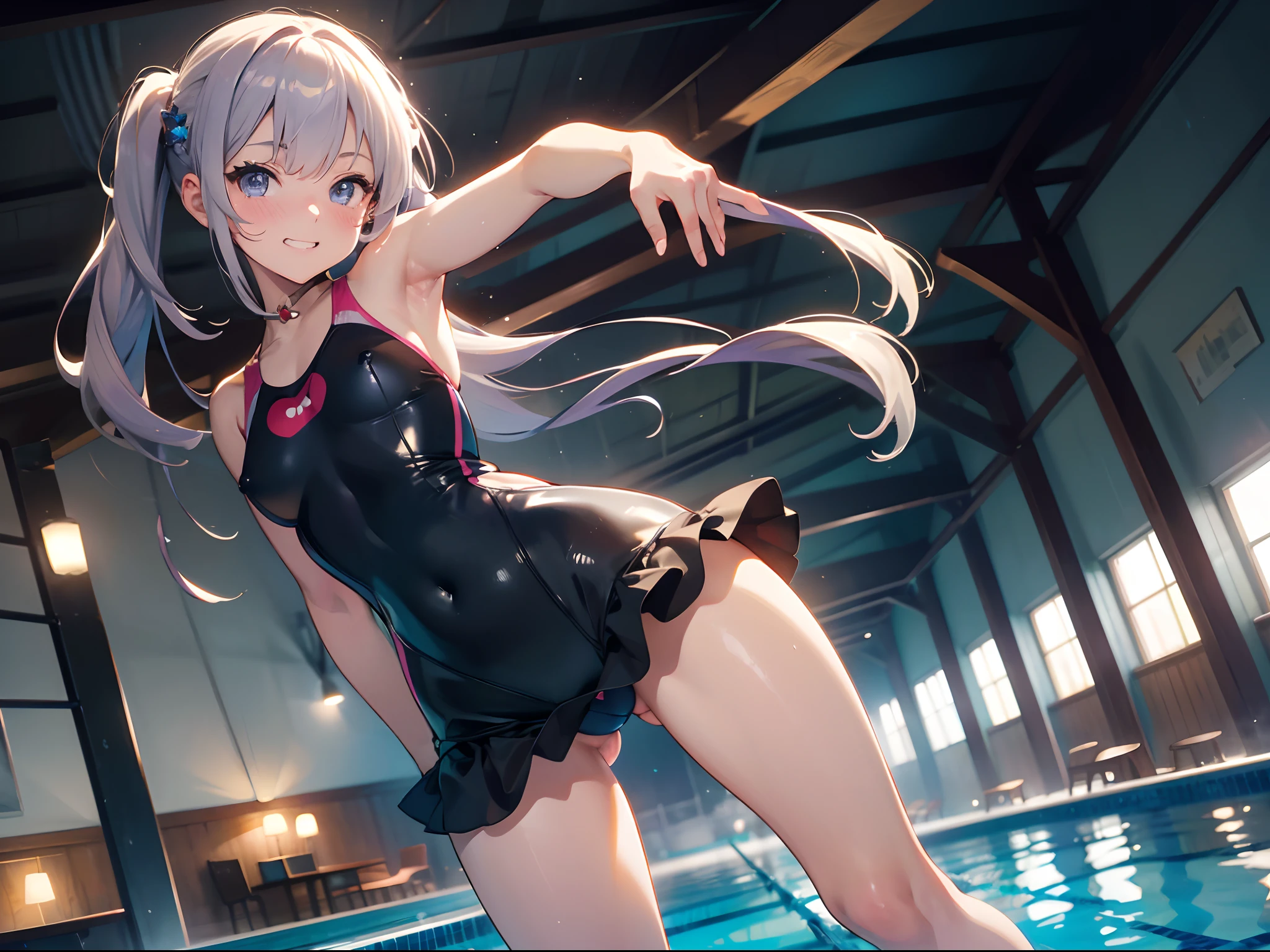 (best picture quality, 4K, high quality, masterpiece::1.2), ((masterpiece)), high detail, high quality, best picture quality, ((high quality, nsfw,  showing armpits, embarrassed, open legs)), multiple girls, nsfw, cute,  girl in a competition swimsuit with pantyhose at poolside in the indoor pool, full body, loli, shorheight, medium breasts, bokeh, DOF, Portrait, evil grin, open stance, (cute illustration:1.2), high-resolution, ultra-detailed, best-quality, bare-shoulder,