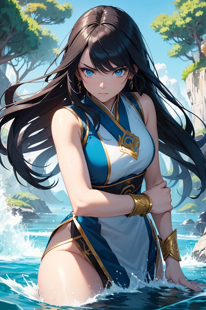 (masterpiece, best quality, highres) 1 waterbender with long black hair and blue eyes in an action pose looks ready to face her opponent. She wears a white blue hanfu, golden bracelets. She is determined and using her powers. Water floating, Particules, chinese forest lake, fantasy world,