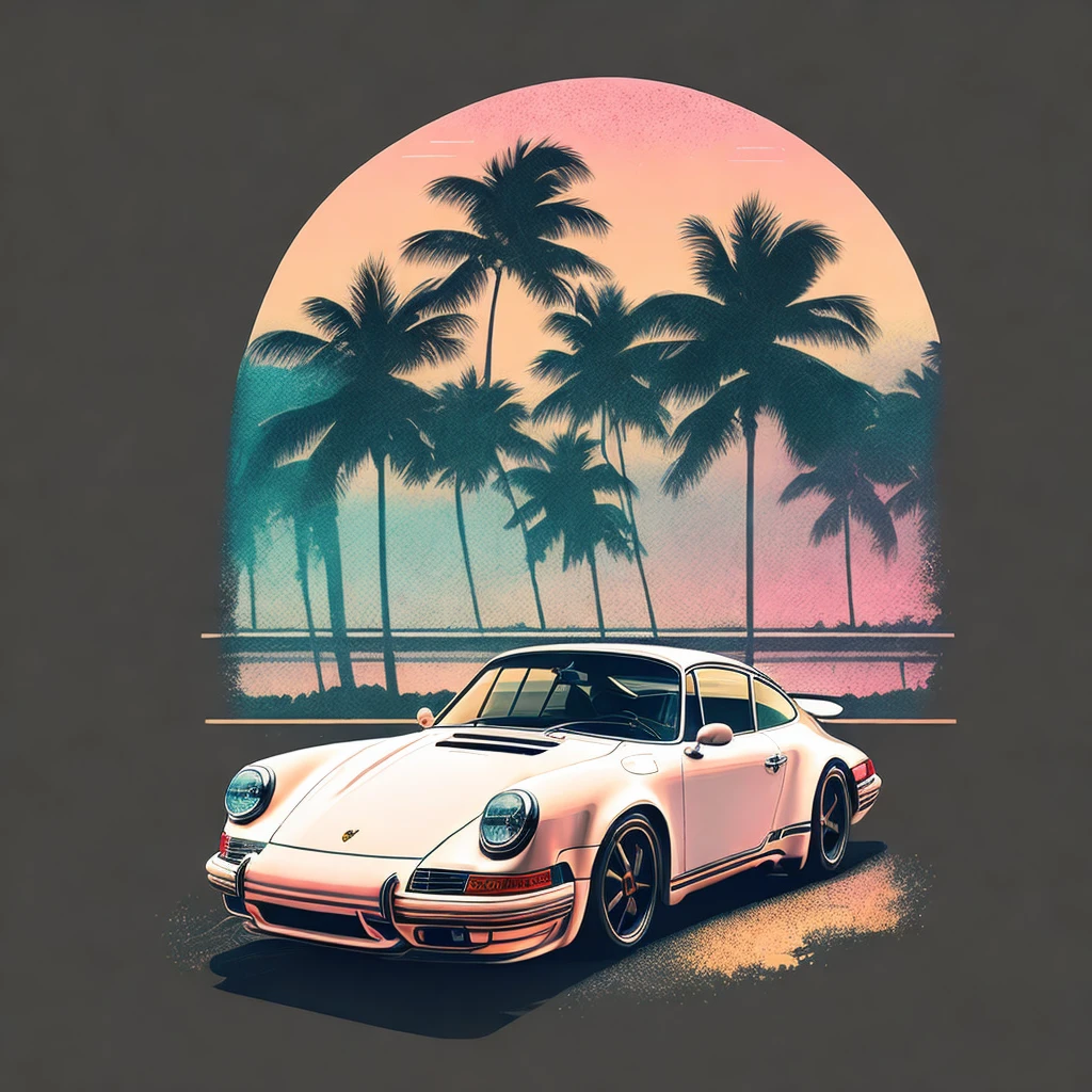 Artwork for t-shirt graphic design, a retro graphic design, porsche 911, miami street, soft four color color, vintage pastel tone, highly detailed clean, vector image, realistic masterpiece, professional photography, realistic car, simple car sunrise background, flat black background, isometric, vibrant vector