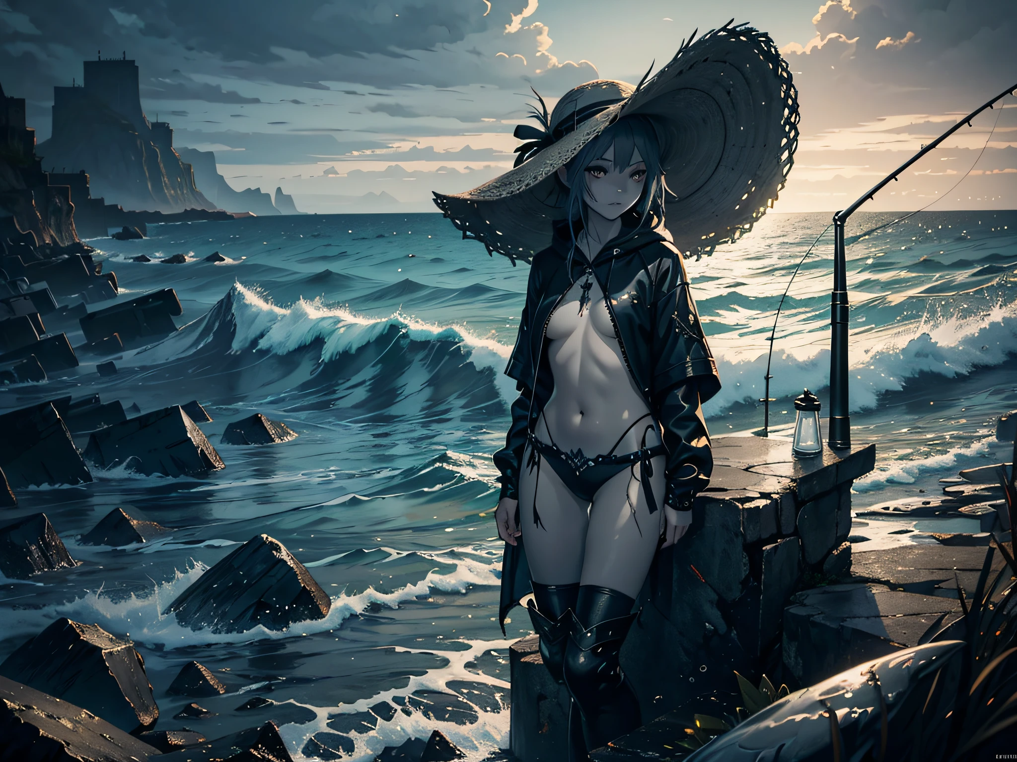 dark fantasy art, dark fantasy fish-girl, ((grey chromium skin)), grey eyes, gloomy angler girl, closed angler clothes, straw hat, fishing rod, cold lighting, huge ocean landscape