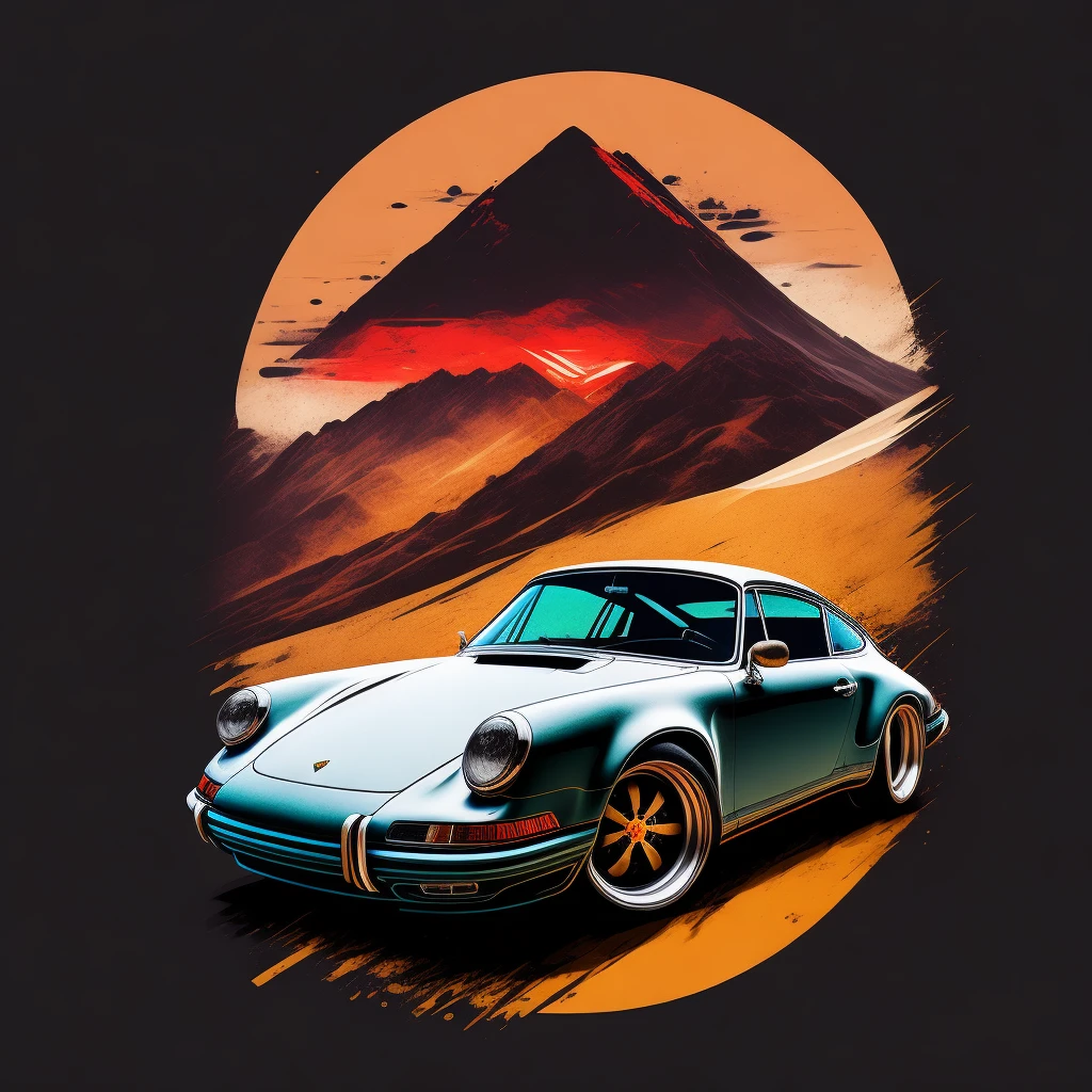 artwork of t-shirt graphic design, Vintage Graphic Design, Porsche 911 |, high level of detail, imagem vetorial, Uma obra-prima realista, Fotografado profissional, Fundo simples do nascer do sol do carro, Backgrounid branco, tricolor, Camisetas desenhadas para ilustradores da Adobe