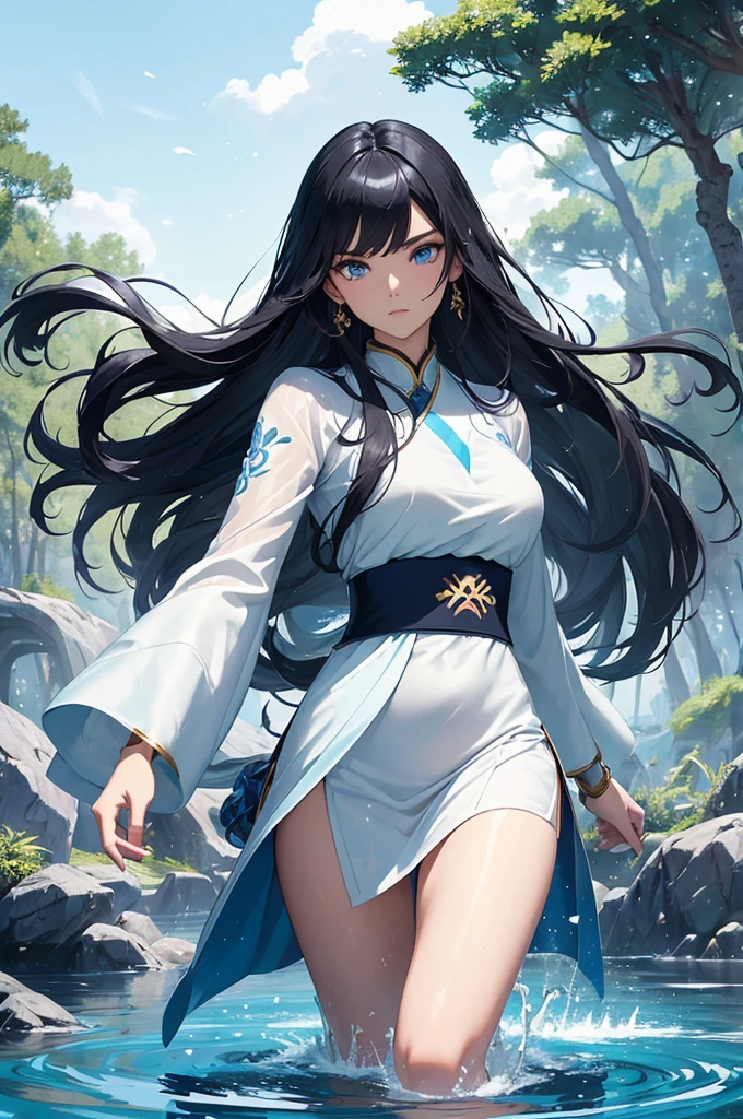 (Masterpiece, Best quality, high resolucion) 1 waterbender with long black hair and blue eyes in an action pose looks ready to face his opponent. Elle porte un hanfu blanc bleu, Golden bracelets. She is determined and uses her powers. Eau flottante, Particules, Chinese Forest Lake, Monde fantastique,