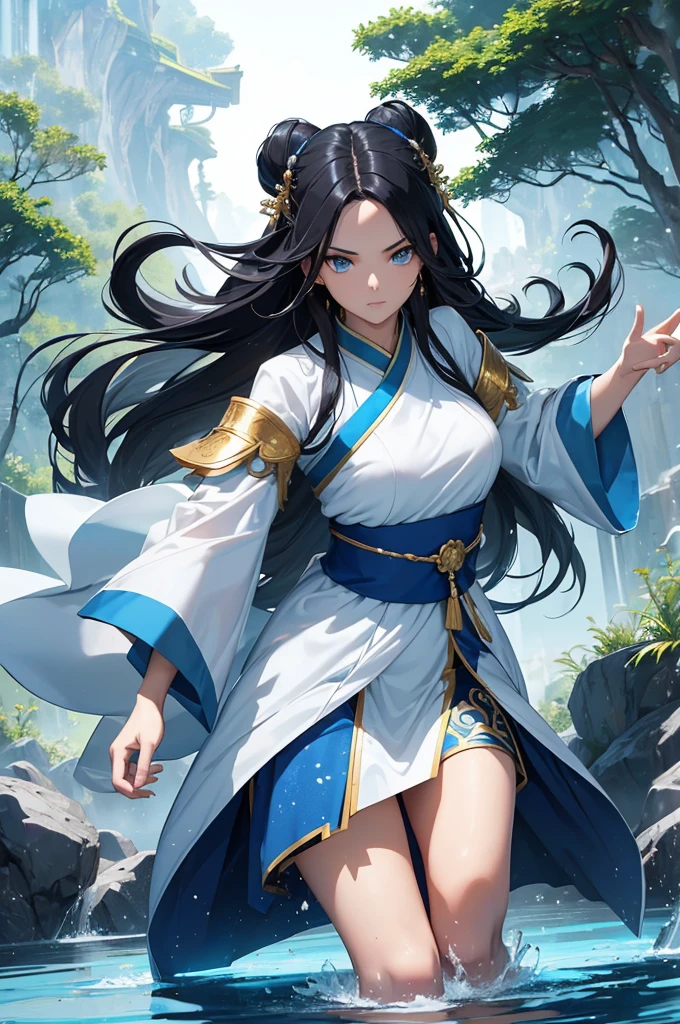 (Masterpiece, Best quality, high resolucion) 1 waterbender with long black hair and blue eyes in an action pose looks ready to face his opponent. Elle porte un hanfu blanc bleu, Golden bracelets. She is determined and uses her powers. Eau flottante, Particules, Chinese Forest Lake, Monde fantastique,