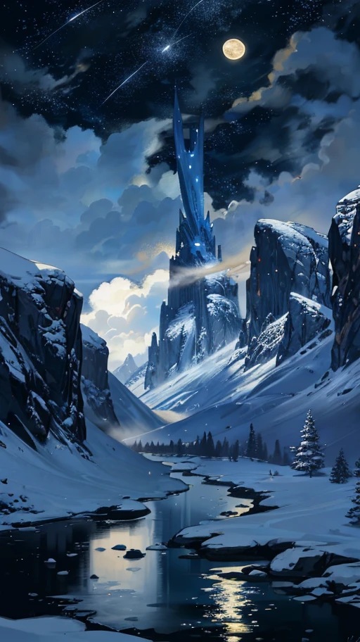 A painting of a river with stars and moon in the sky, concept art inspired by Tosa Mitsuoki, pixiv contest winner, best quality, fantasy art, beautiful anime scene, a bright moon, moonlit starry environment, dream painting, Anime Background Art, Fantasy Landscape Art, Fantasy Night, Anime Background, Background Artwork, Fantastic Art, Atmospheric Anime, Starry Sky, Detail Enhanced.