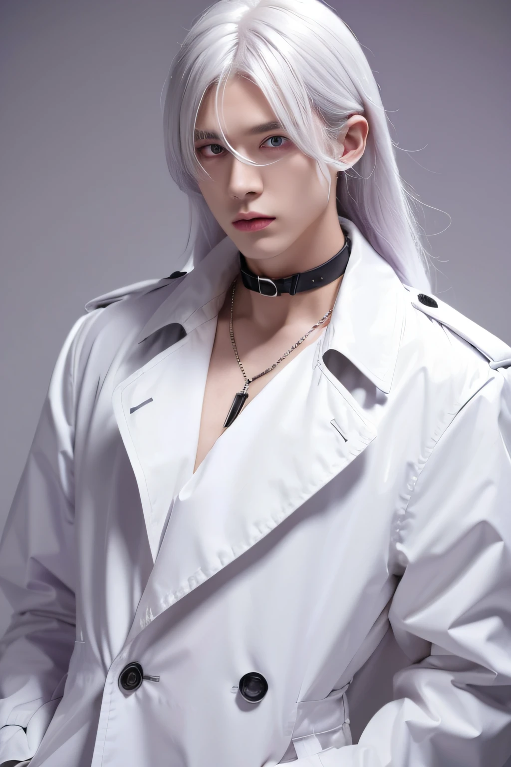 White color hair,long whitr hair,male people,a black trench coat,choker necklace,Purple eye