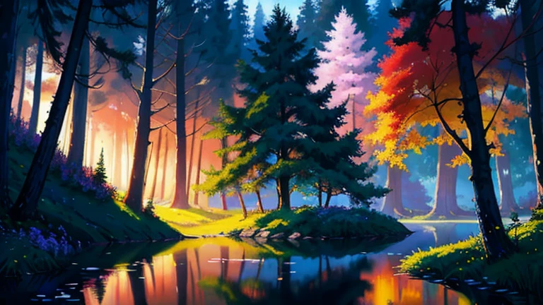 a painting of a forest with a lake and a forest at night, Bela arte UHD 4K, Arte digital altamente detalhada em 4k, magical landscape, 8k arte impressionante, magic background, arte de fundo, magnificent background, Arte digital detalhada em 4k, 8k arte detalhada de alta qualidade, paisagem natural noturna, Detailed dreamscape, magical ambiance, magical colours and atmosphere