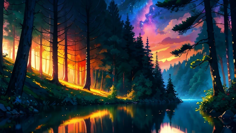 a painting of a forest with a lake and a forest at night, Bela arte UHD 4K, Arte digital altamente detalhada em 4k, magical landscape, 8k arte impressionante, magic background, arte de fundo, magnificent background, Arte digital detalhada em 4k, 8k arte detalhada de alta qualidade, paisagem natural noturna, Detailed dreamscape, magical ambiance, magical colours and atmosphere