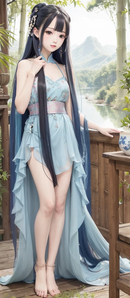 masterpiece, best quality, official art, 8k wallpaper, highly detailed, illustration, 1 girl, Azure hair, long hair, detailed eyes, forrest, bare shoulders, hanfu,lakes, pure, soft smile,bamboo,Tea