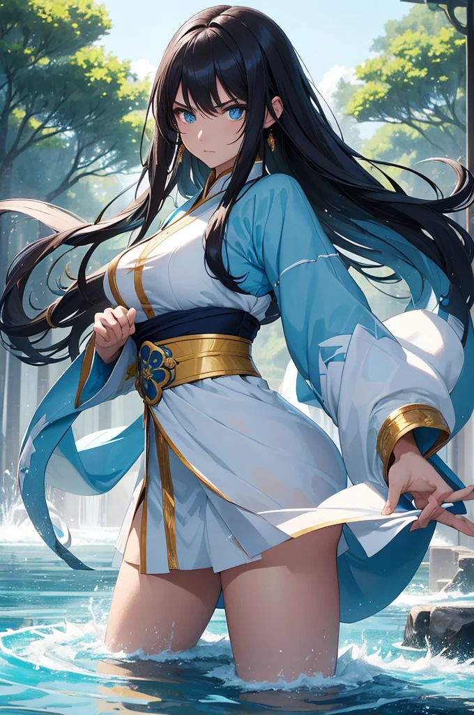 (Masterpiece, Best quality, high resolucion) 1 waterbender with long black hair and blue eyes in an action pose looks ready to face his opponent. Elle porte un hanfu blanc bleu, Golden bracelets. She is determined and uses her powers. Eau flottante, Particules, Chinese Forest Lake, Monde fantastique, standing in the middle of the picture