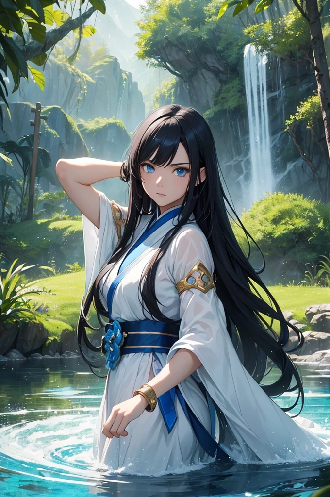 (Masterpiece, Best quality, high resolucion) 1 waterbender with long black hair and blue eyes in an action pose looks ready to face his opponent. Elle porte un hanfu blanc bleu, Golden bracelets. She is determined and uses her powers. Eau flottante, Particules, Chinese Forest Lake, Monde fantastique, standing in the middle of the picture