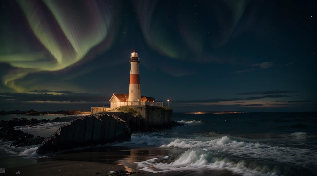 A single old red and white lighthouse on a deserted beach at night, coast of Norway, very dark sky with no moon, a beautiful northern lights with vibrant colors, wreckage of a sunken ship on the coast, 4k, highly detailed, richly detailed lighthouse, intricate details