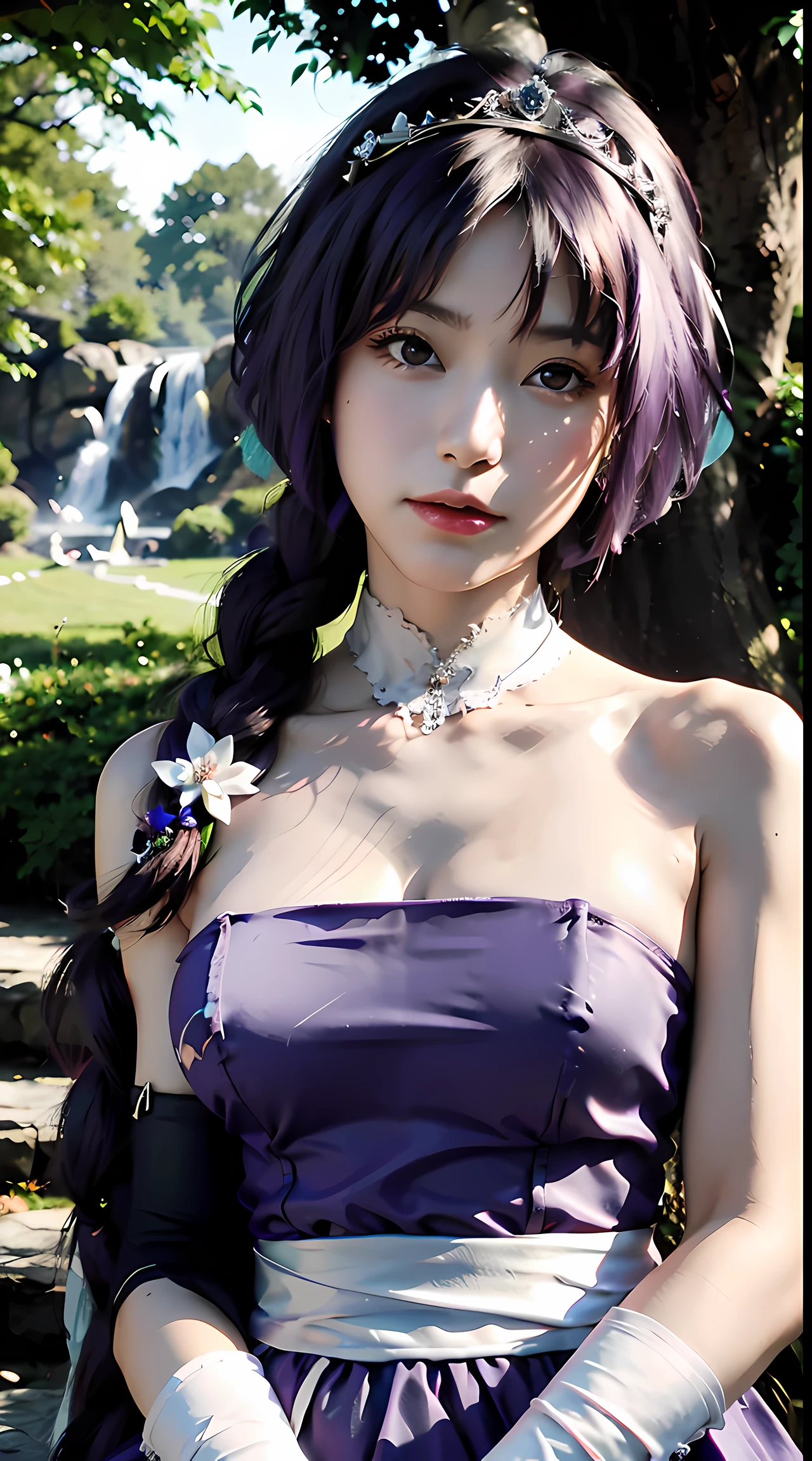 sumire kakei, single braid, purple hair, gloves, dress, cleavage, bare shoulders, collarbone, elbow gloves, white gloves, white dress, strapless, tiara, veil, strapless dress, wedding dress, bridal veil, beautiful woman, perfect body, perfect breasts, wearing a wedding dress, ball gown, being in a garden of trees, wedding decorations, looking at the audience, a slight smile, realism, masterpiece, textured skin, super detailed, high detail, high quality, best quality, 1080p, 16k