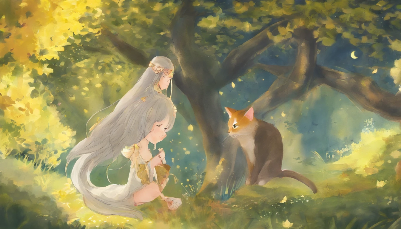 Meet in a sunny park、A girl staring at each other and a light gray cat　10years old girl、I have chestnut hair　Fantastic and happy feelings　watercolor paiting　The overall design is classic.、The color is dark yellow　Picture book illustrations