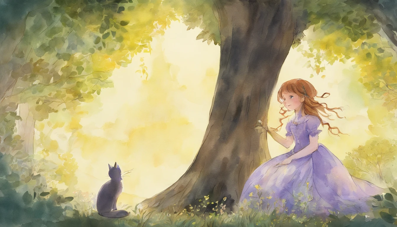 Meet in a sunny park、A girl staring at each other and a light gray cat ars old girl、I have chestnut hair Fantastic and happy feelings watercolor paiting The overall design is classic.、The color is dark yellow Picture book illustrations