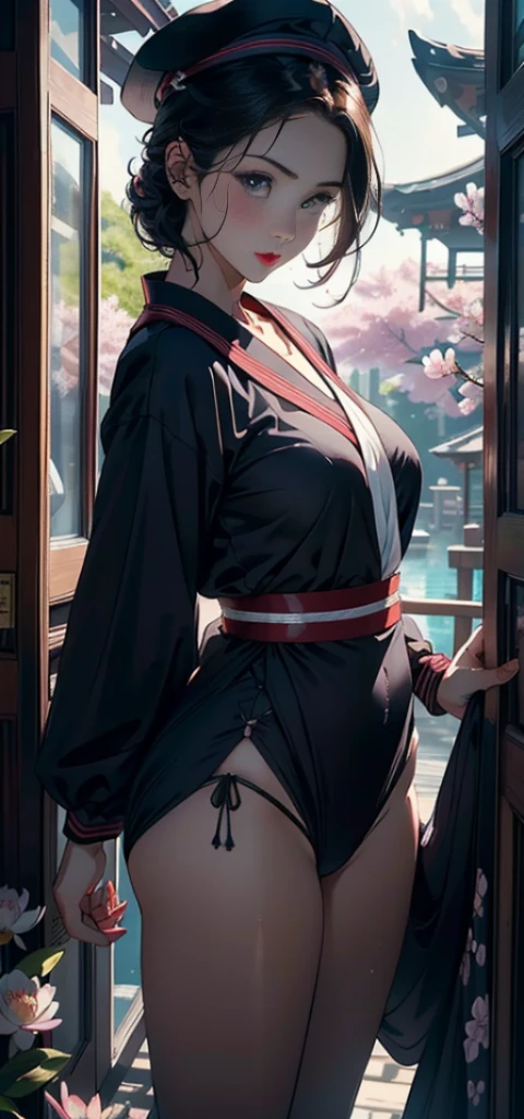 1female,45 yers old,Married Woman,熟妇,plumw,extremely large bosom, 独奏,(Background with:ponds,Cherry blossom forest,lotus flower)standing on your feet, She has short black hair,seen from the front,, mostly cloudy sky,(((tmasterpiece),(Very detailed CG unity 8K wallpaper),best qualtiy,cinmatic lighting,detailed back ground,beatiful detailed eyes,Bright pupils,Black eyes,Snow-whiteskin,Redlip(Very fine and beautiful),(Beautiful and detailed eye description),ultra - detailed,tmasterpiece,))facing at camera,A high resolution,ultra - detailed),revealing breasts,Bare genitalia, Bulge,legs are open,Raised sexy,Camel toes,Desire for dissatisfaction,frontage,Navy,elementary student,(Wearing:校服,Sailor's cap,Transparent sailor uniform,Bare ,)