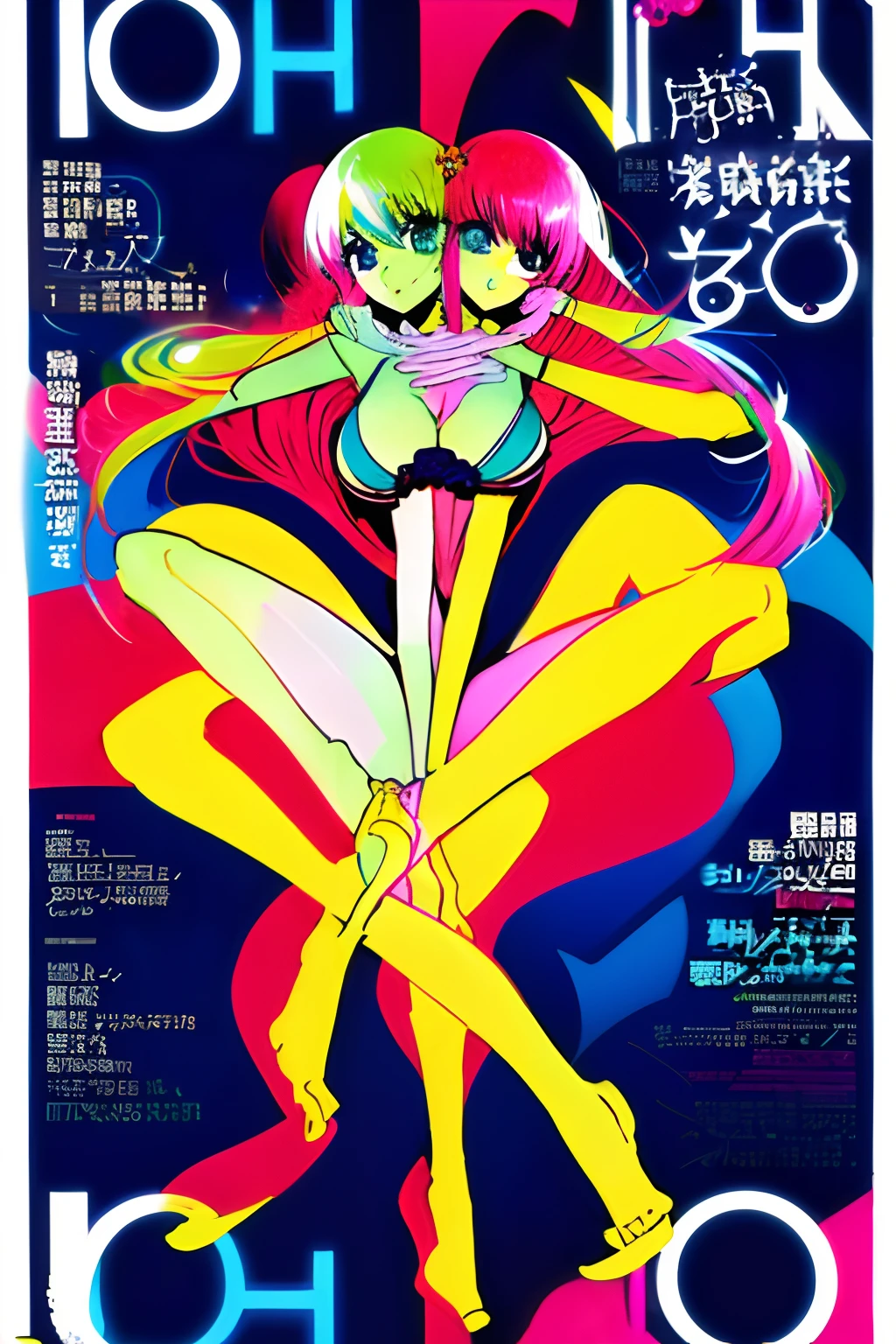(masterpiece, best quality), best resolution, (2heads:1.5), 1girl, hoshino ruby character, two heads positioned next to each other, colorful bikini, geometric, stripes, spread legs, (Highest Quality, Amazing Details:1.25), Brilliant Colorful Paintings, lineart