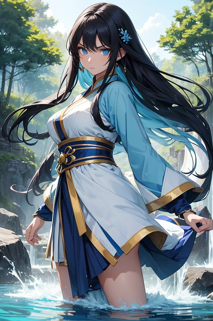 (Masterpiece, Best quality, high resolucion) 1 waterbender with long black hair and blue eyes in an action pose looks ready to face his opponent. Elle porte un hanfu blanc bleu, Golden bracelets. She is determined and uses her powers. Eau flottante, Particules, Chinese Forest Lake, monde fantastique, standing in the middle of the image