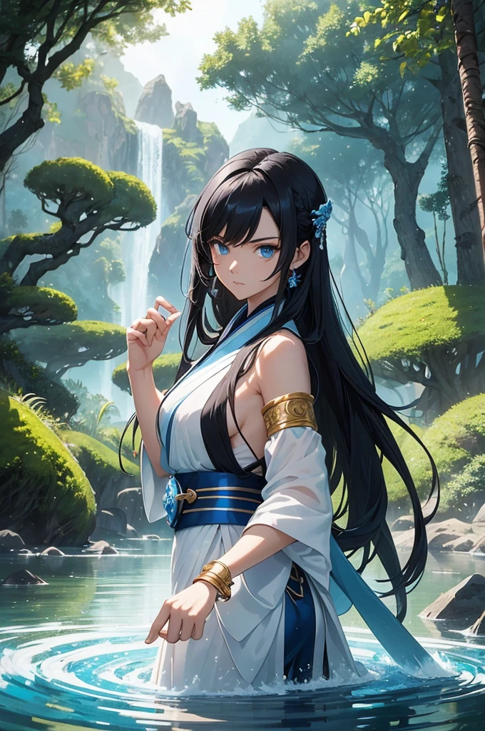 (Masterpiece, Best quality, high resolucion) 1 waterbender with long black hair and blue eyes in an action pose looks ready to face his opponent. Elle porte un hanfu blanc bleu, Golden bracelets. She is determined and uses her powers. Eau flottante, Particules, Chinese Forest Lake, monde fantastique, standing in the middle of the image