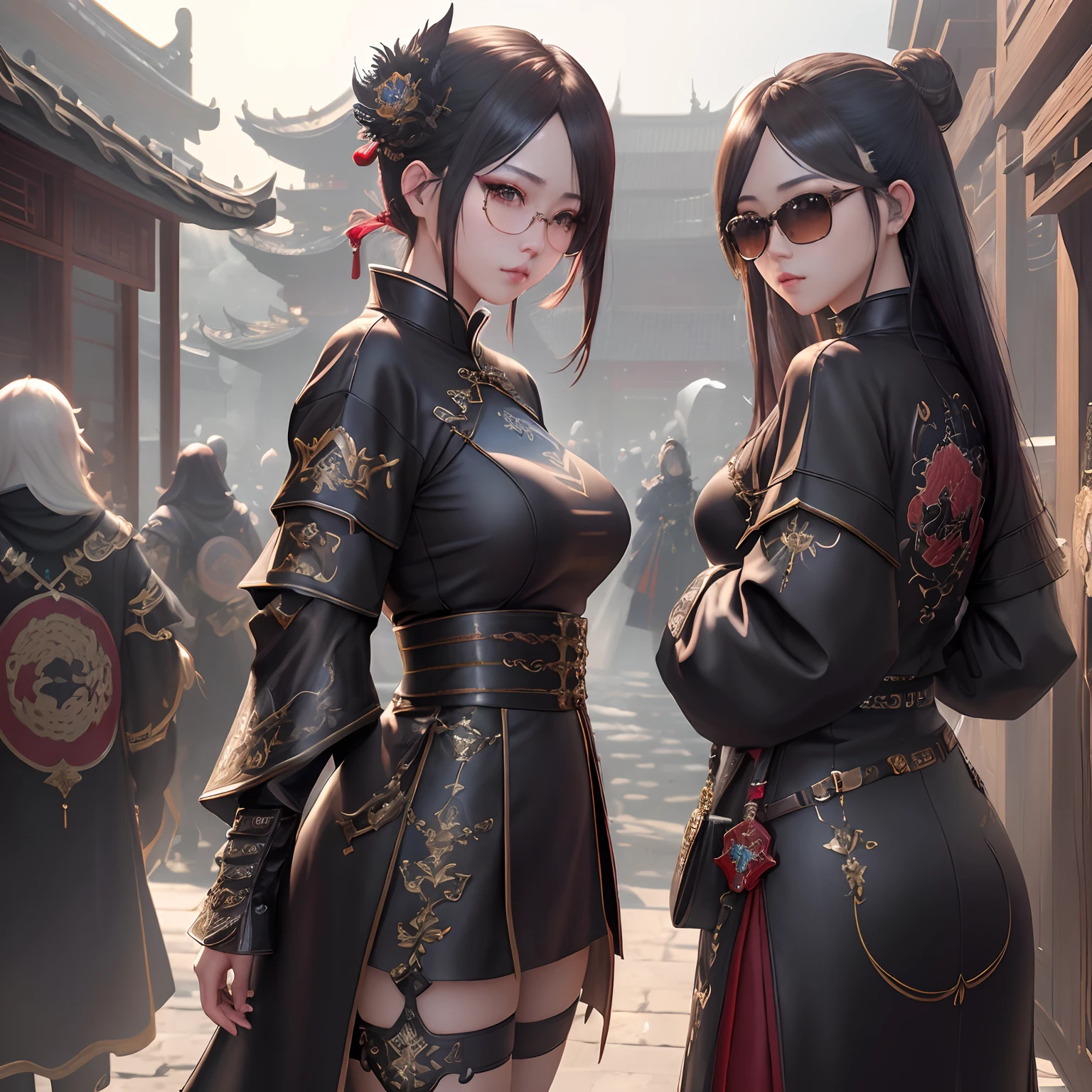 (masterpiece), (high resolution), (best quality), ultra-detailed, beautiful eyes, detailed eyes, mmorpg character, chinese architecture, vetements, prada, oversized clothes, ootd, streetwear, armor, looking at camera, front view, beautiful face, cinematic lighting, mmo, lineage 2, official artwork, mmo art, perfect world game, (wearing sunglasses)