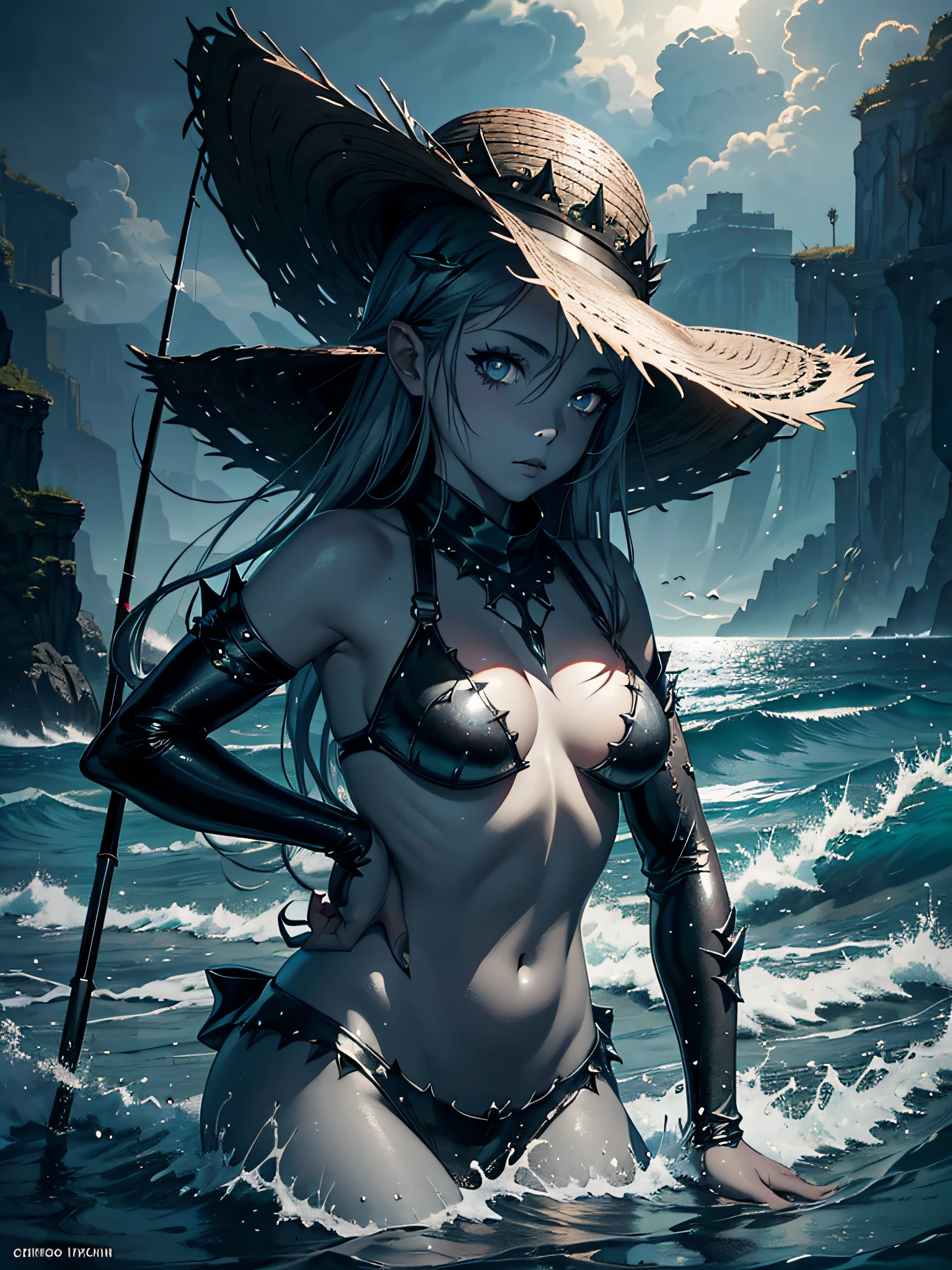 dark fantasy art, dark fantasy monster fish-girl, (metallic grey chromium skin), grey eyes, gloomy angler girl, closed angler clothes, straw hat, fishing rod, cold lighting, huge ocean landscape