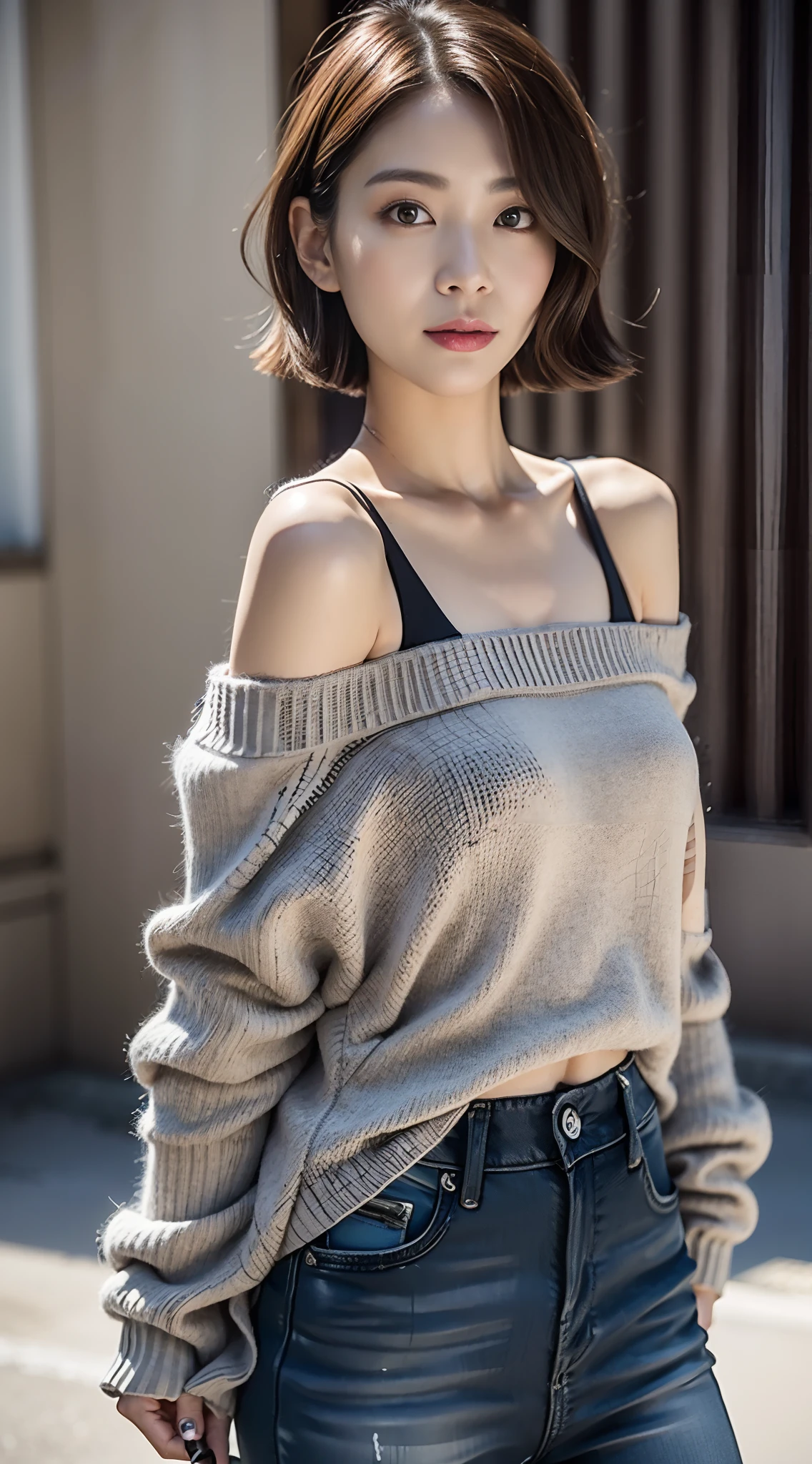 Close up of woman in grey shirt posing for photo, gray shirt, shoulder - length, off shoulder shirt, korean female fashion model, grey sweater, attractive girl, Gorgeous young Korean woman, photo 85mm, With short hair, gorgeous woman, Small shoulders, wearing a cute top, Open V chest clothes, by Leng Mei