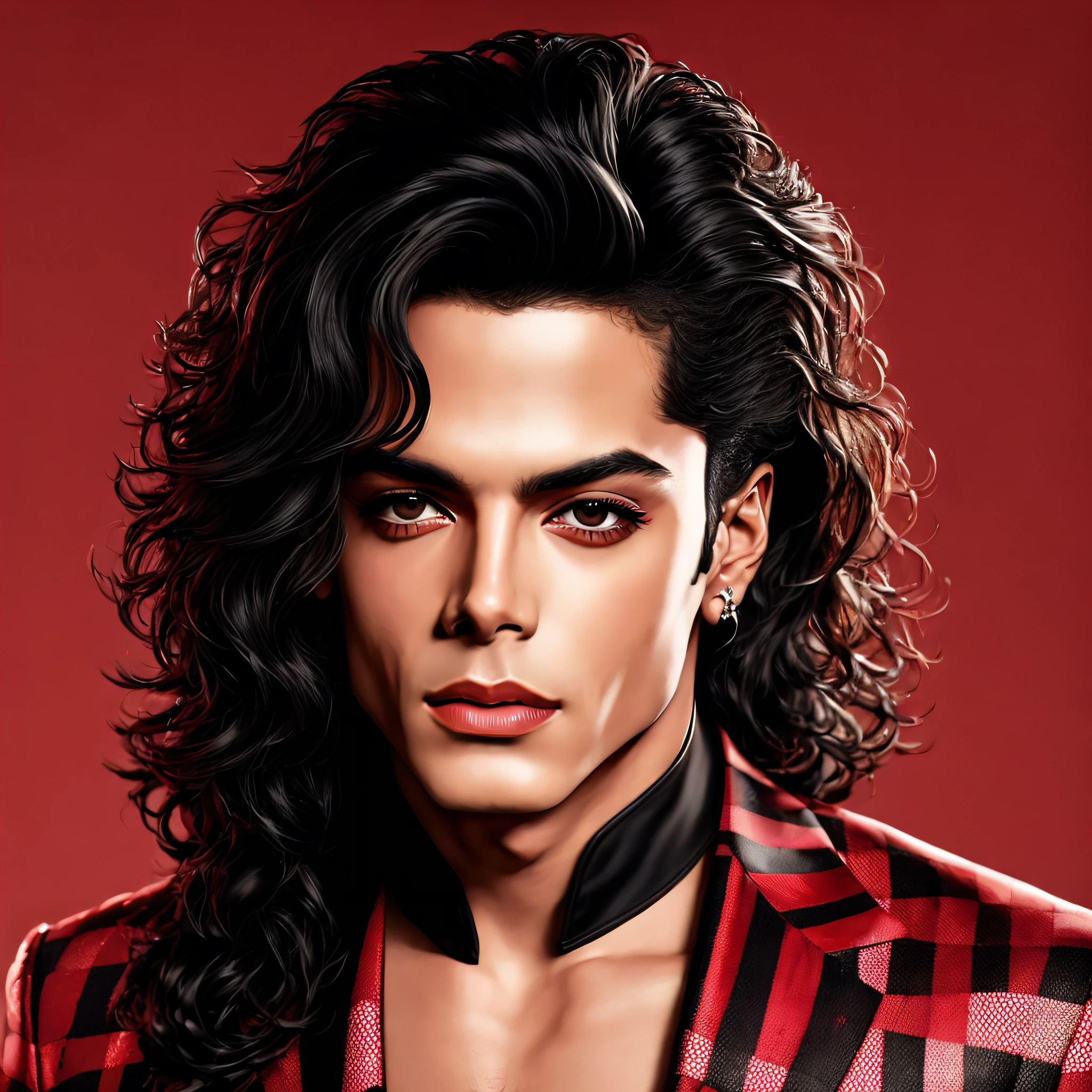 Michael Jackson, with a very beautiful face, there is no hair on his face just the skin on his face, curved eyebrows, with a hole in his chin, thin nose, half angled half oval face, long curly black hair, in red and black checkered outfit, cinematic style.