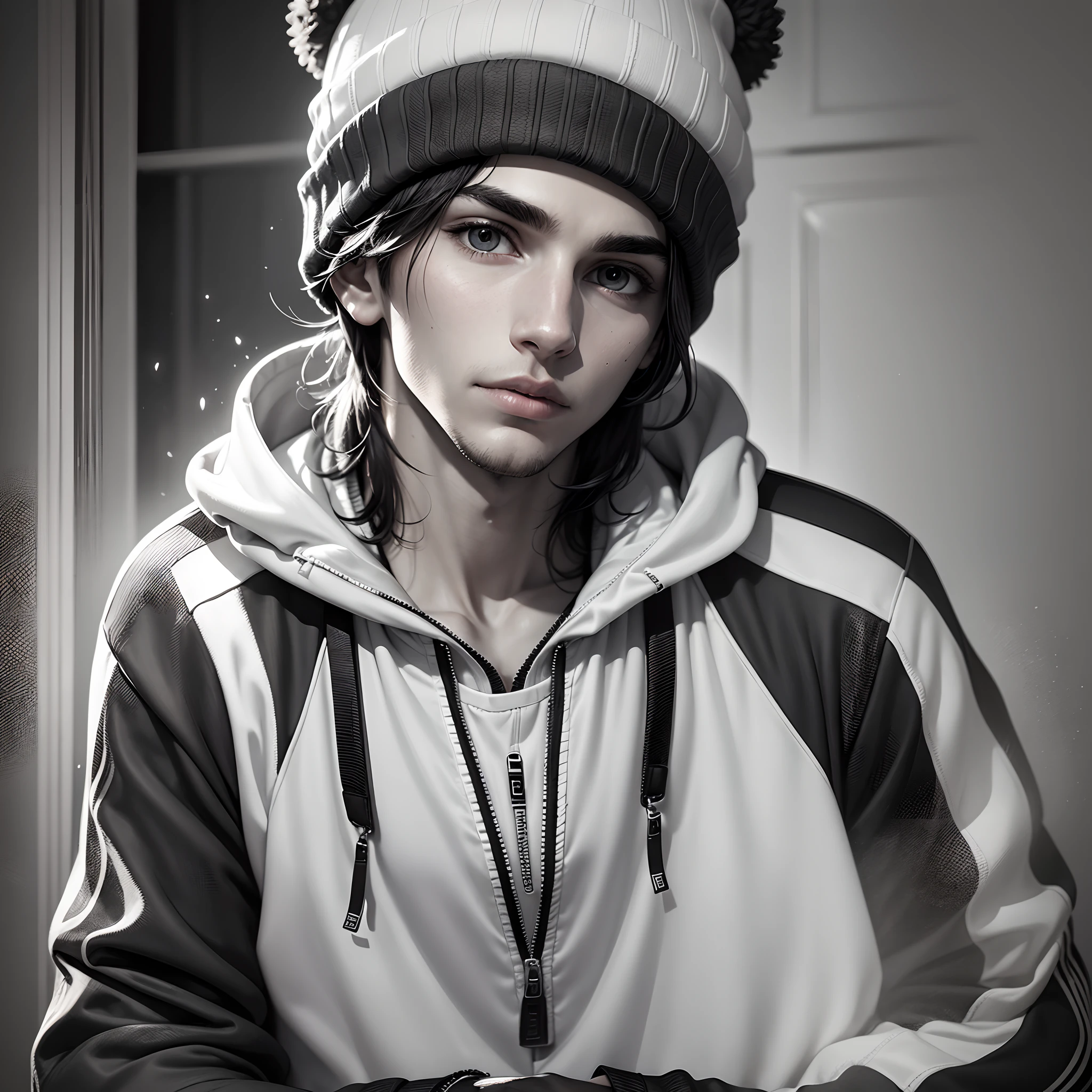 A young man dressed in a black and white tracksuit with a beanie in a place lit and dark at the same time as if it were heaven and hell --auto --s2