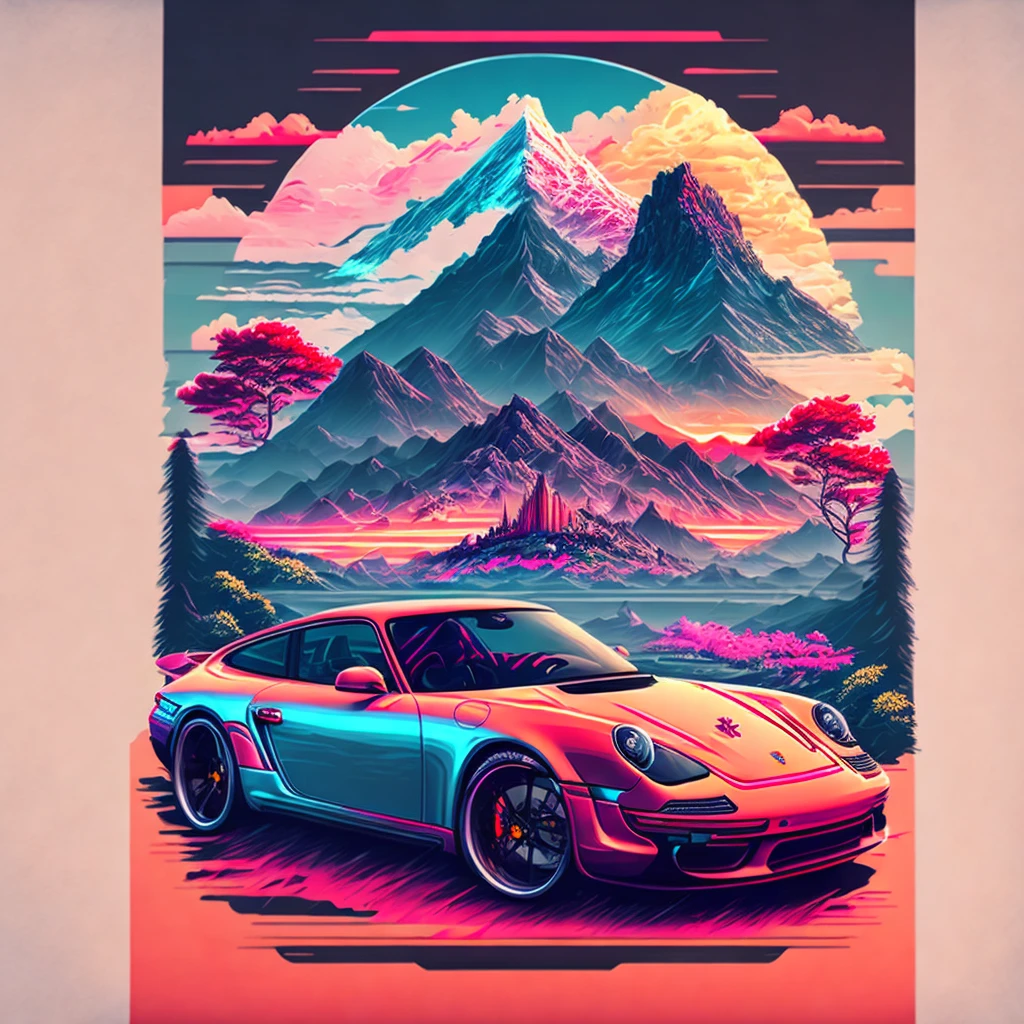 design de camisetas, Genshin Impact Chart, vetor, a Porsche Cyenne with a scenic landscape in the background, Detailed illustration, and retro style