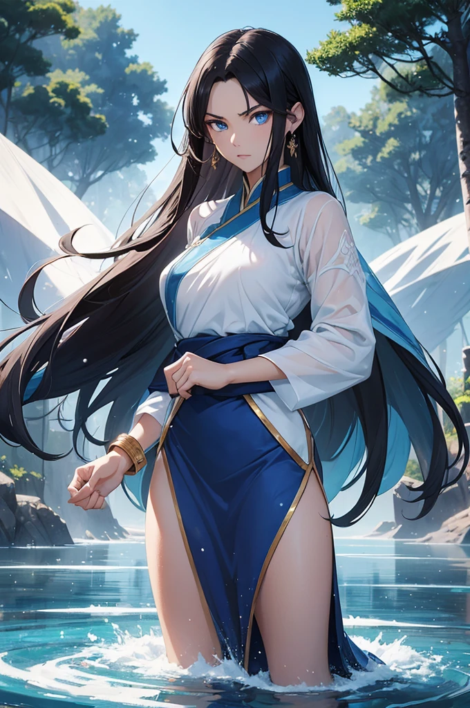 (Masterpiece, Best quality, high resolucion) 1 waterbender with long black hair and blue eyes in a fighting pose looks ready to face his opponent. Elle porte un hanfu blanc bleu, Golden bracelets. She is determined and uses her powers. Eau flottante, Particules, Chinese Forest Lake, Monde fantastique,
