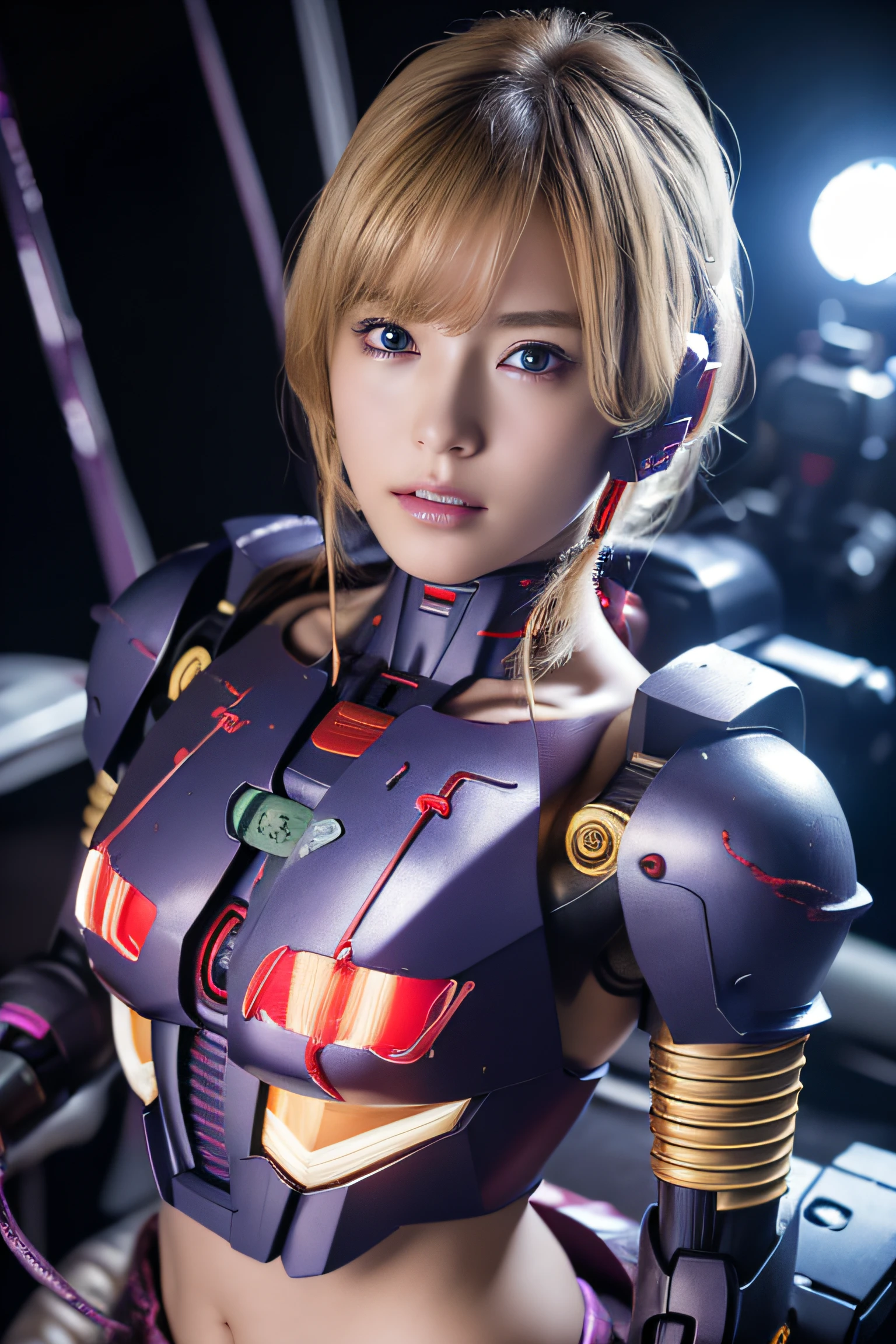 Top Quality, Masterpiece, Ultra High Resolution, (Photorealistic: 1.4), Raw Photo, blonds Hair, Glossy Skin, (1 Mechanical Girl), (Ultra Realistic Detail), Portrait, Global Illumination, Shadows, Octane Rendering, Ultra Sharp, (flat chest:1.3), Cleavage Exposed Raw Skin, Metal, Intricate Ornament Details, Japan Details, Very intricate details, realistic light, CGSoation trend, purple eyes, glowing eyes, facing the camera, (neon details, mechanical limbs, blood vessels connected to the tube, mechanical vertebrae attached to the back, mechanical cervical attachment to the neck, wires and cables connecting to the head, (gundam:1.25), small LED lamps:1.2), full body, (any pose:1.4), (midriff peek:1.2)