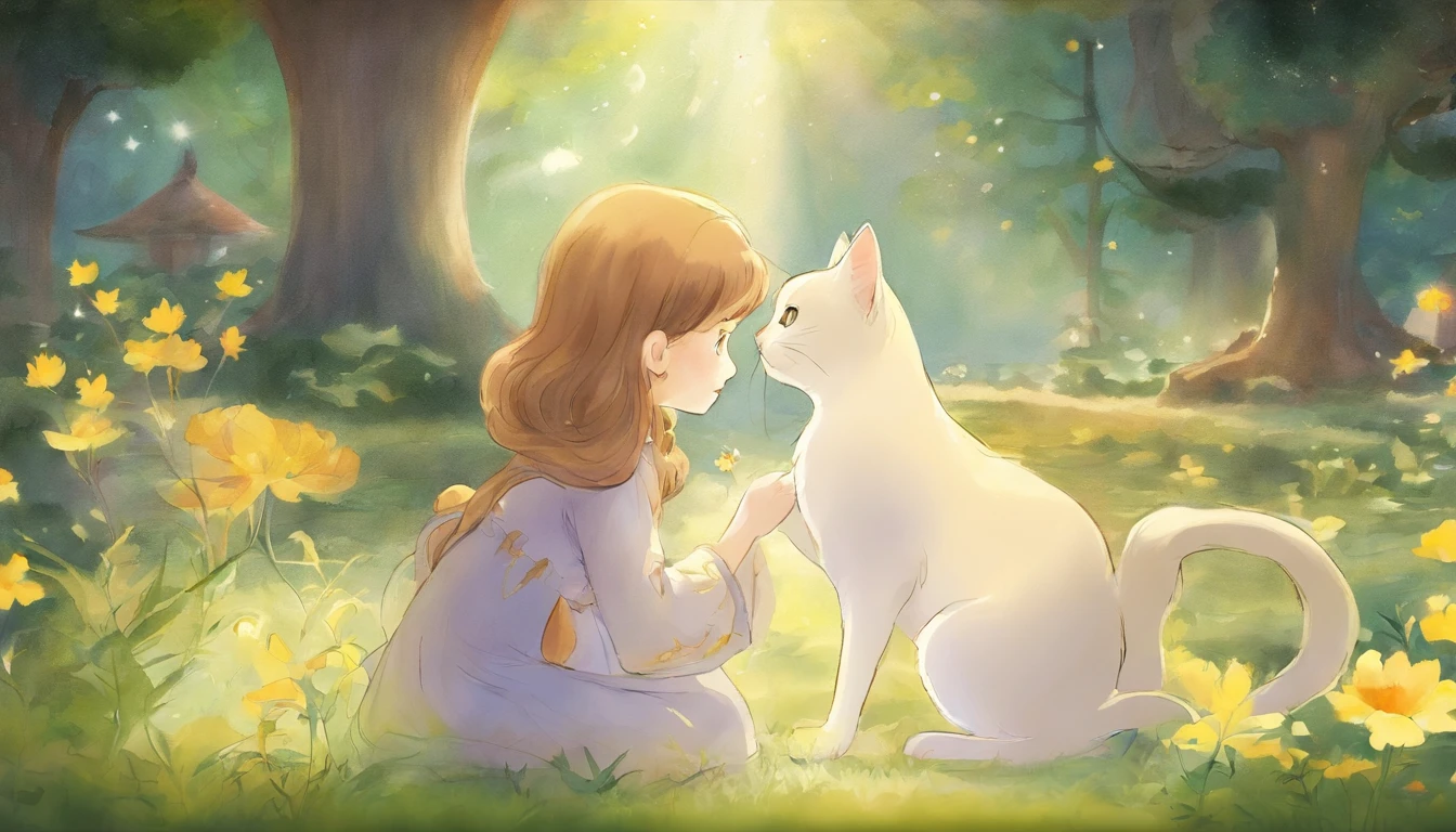 Meet in a sunny park、A girl staring at each other and a light gray cat 10years old girl、I have chestnut hair Fantastic and happy feelings watercolor paiting The overall design is classic.、The color is dark yellow Picture book illustrations
