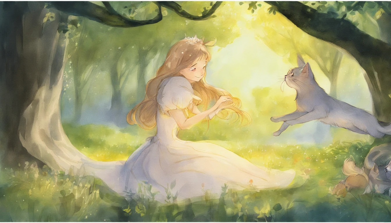 Meet in a sunny park、A girl staring at each other and a light gray cat ars old girl、I have chestnut hair Fantastic and happy feelings watercolor paiting The overall design is classic.、The color is dark yellow Picture book illustrations