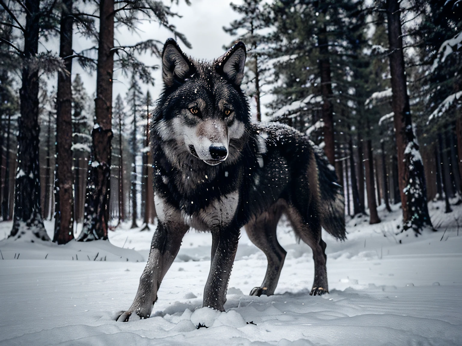 An ultra reallistic grey wolf in Black and white with a clear snowy forest in the back, photo, cinematic