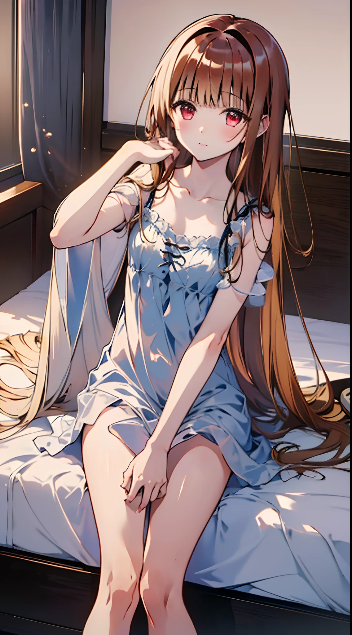 ((masutepiece+Best Quality+High resolution+Illustration 1.3+Ultra-8k)), 1girl in, ((Detailed body)) ((alluring face)) ((long snout)) ((Long facial structure)) (Sharp eyes) ((Red Eyes)) ,Soft skin, Indoor, Sitting on the bed, Looking at Viewer, Nightdress Girl, Blue Nightdress, Detailed body, Short red hair, Detailed eyes, ((detailed shadow)), Lighting, Detailed, Focus, Hand Detail Night Light