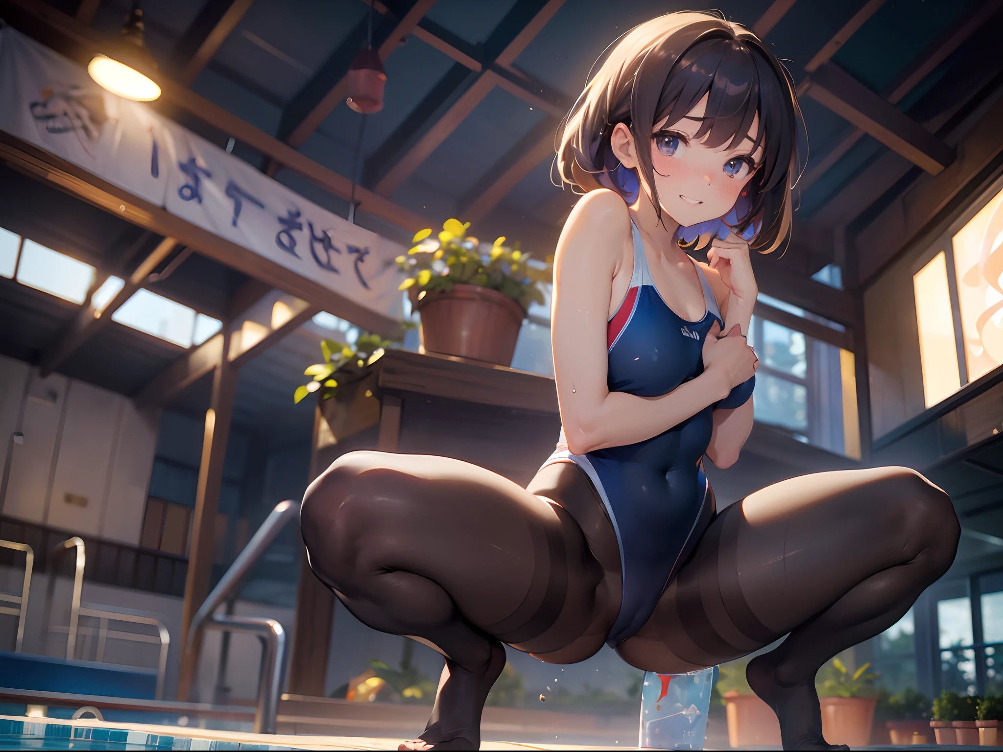 (best picture quality, 4K, high quality, masterpiece::1.2), ((masterpiece)), high detail, high quality, best picture quality, ((high quality, nsfw, showing armpits, embarrassed, spread legs, squatting)), nsfw, (long biond hair), cute, early girl in a competition swimsuit with pantyhose at poolside in the indoor pool, full body, loliort height, medium breasts, bokeh, DOF, Portrait, evil grin, open stance, (cute illustration:1.2), high-resolution, ultra-detailed, best-quality, bare-shoulder,