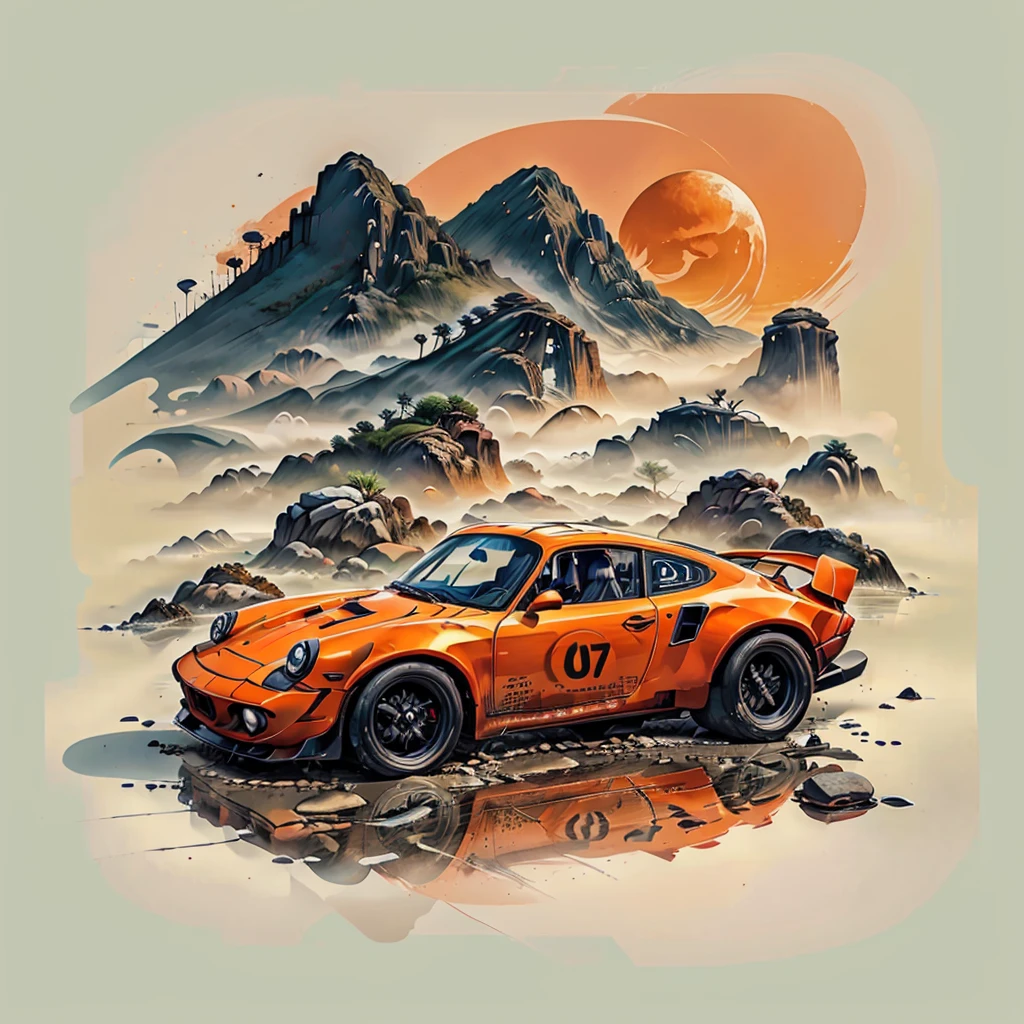 there's an orange Porsche 911 Carrera RS 2.7 dirigindo na estrada perto das montanhas, Porshe, high quality desktop wallpaper, Rob Rey e Kentaro Miura Estilo, paper awesome wallpaper, Porsche 911 driving, Directed by: Liam Wong, carro esportivo, anime bela cena de paz, Kentaro Miura Arte, Directed by: Yoshihiko Wada, Arte de Anime dos Anos 70