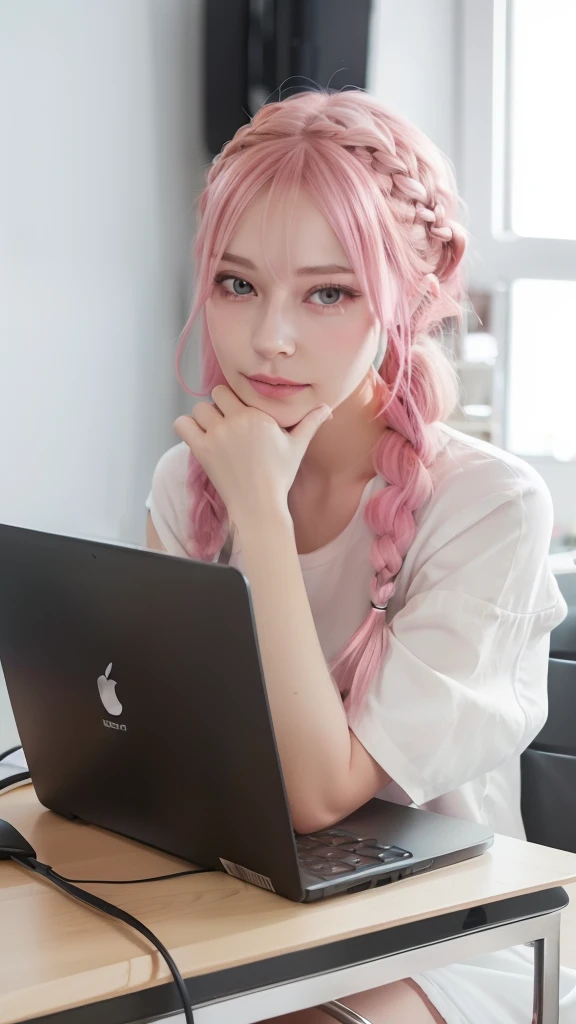Photo of a woman working on a computer , freelancer , gamer ,Cute Girl ,A smile、Two-way computer , Take a look at your computer , Thinking, With short pink hair, jovana rikalo, full subject shown in photo, professional image , Wide Portrait, young business woman, With pink hair, high quality portrait , aleksandra waliszewska, (Pink hair), Ear Hair, small tits, Single braid, (Single braid), (Side braid)