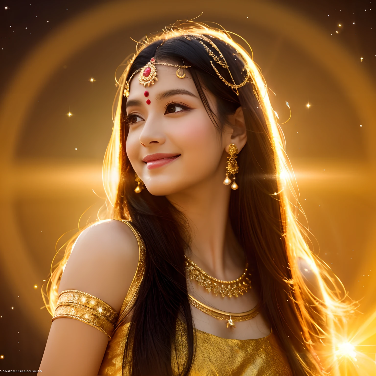 Sacred Radiance,Hindu mythology,goddes,Indian style,Long Black Hair,blackigeyes(tmasterpiece,top Quority,best qualtiy,offcial art,Beauty and aesthetics:1.2),(1girl in),Extremely detailed,(s fractal art:1.3),highly colorful,best detailed, A hyper-realistic, sparkling gold dress, Sun-like glowing halo background、A smile