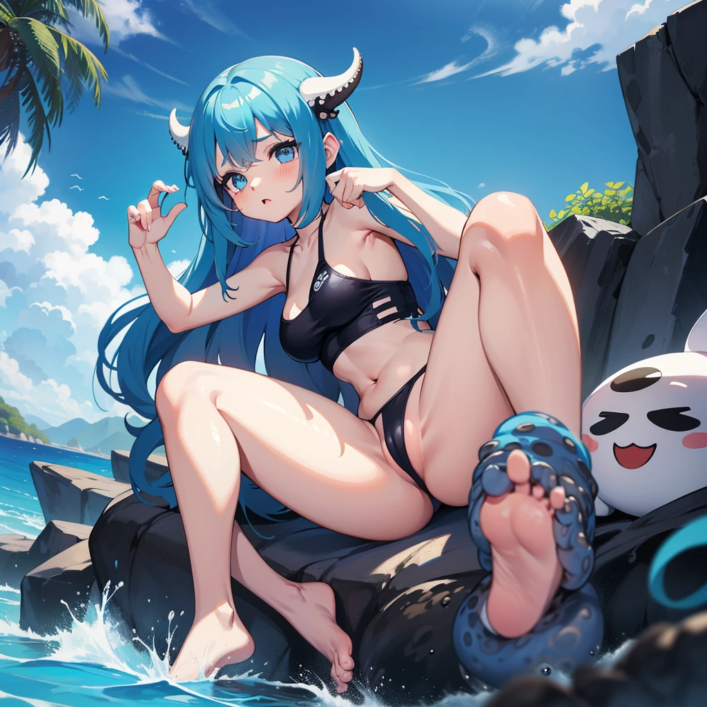 Agile swimsuit、cabelos curtos、messy blue hair、small head、grandes olhos azuis、Olhar desesperado、Teary、Yodare、Adorable A Girl、Polvo Gigante、multiple eyes、Pernas de polvo gigantes saltam sobre uma 、A giant octopus foot attacks a girl's crotch、Ahe Menina