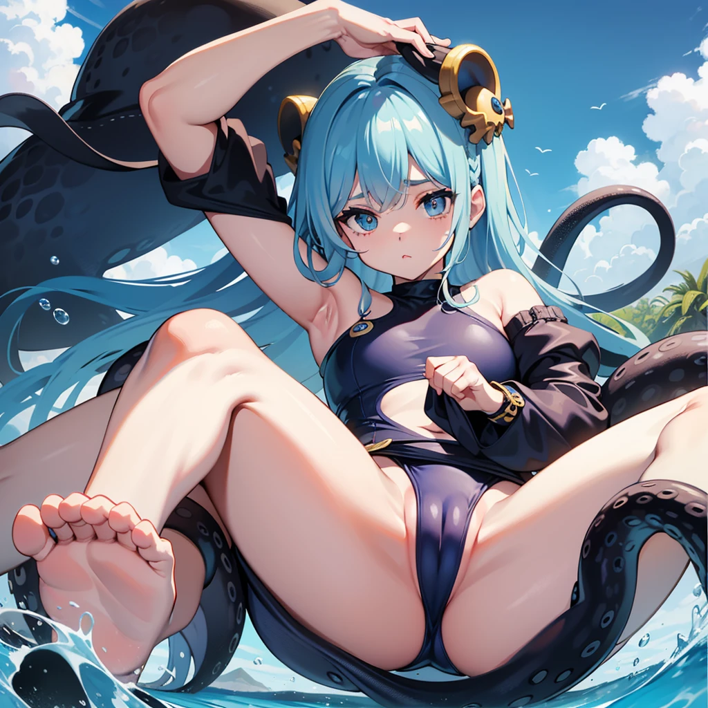 Agile swimsuit、cabelos curtos、messy blue hair、small head、grandes olhos azuis、Olhar desesperado、Teary、Yodare、Adorable A Girl、Polvo Gigante、multiple eyes、Pernas de polvo gigantes saltam sobre uma 、A giant octopus foot attacks a girl's crotch、Ahe Menina