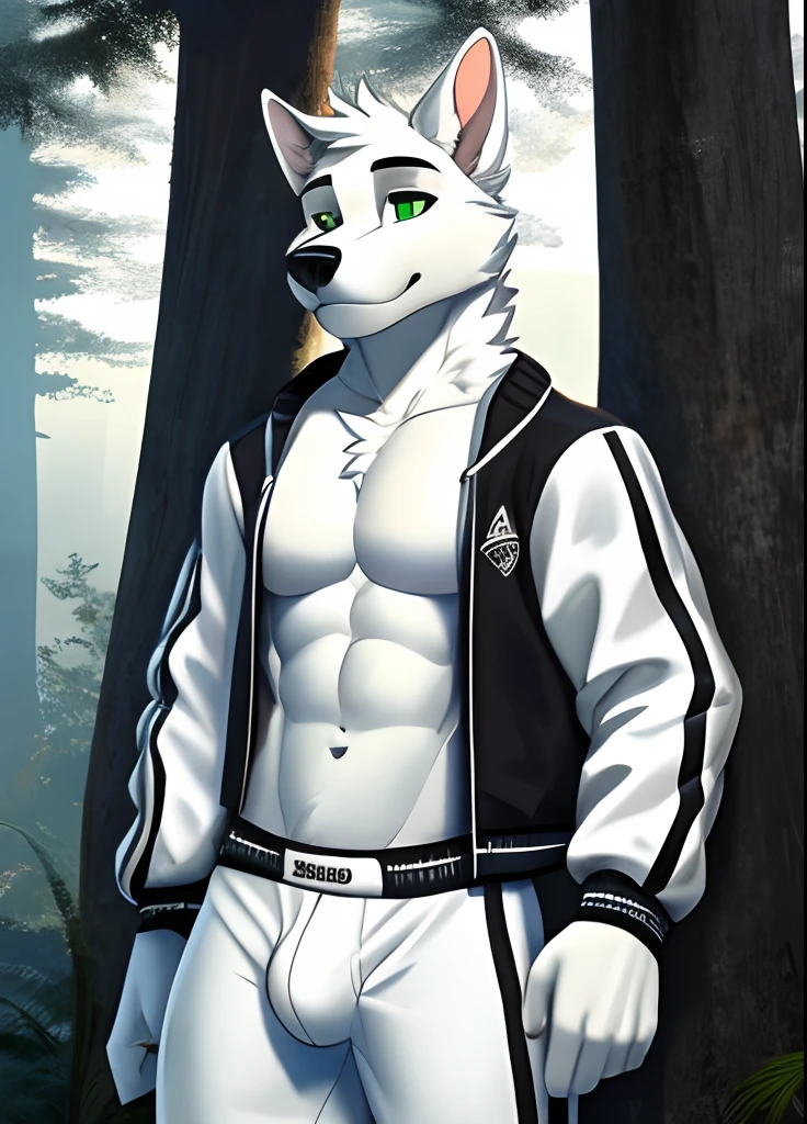 A white dog with green eyes shirtless in the forest wearing a sweats and a black and white letterman jacket and a medium bulge