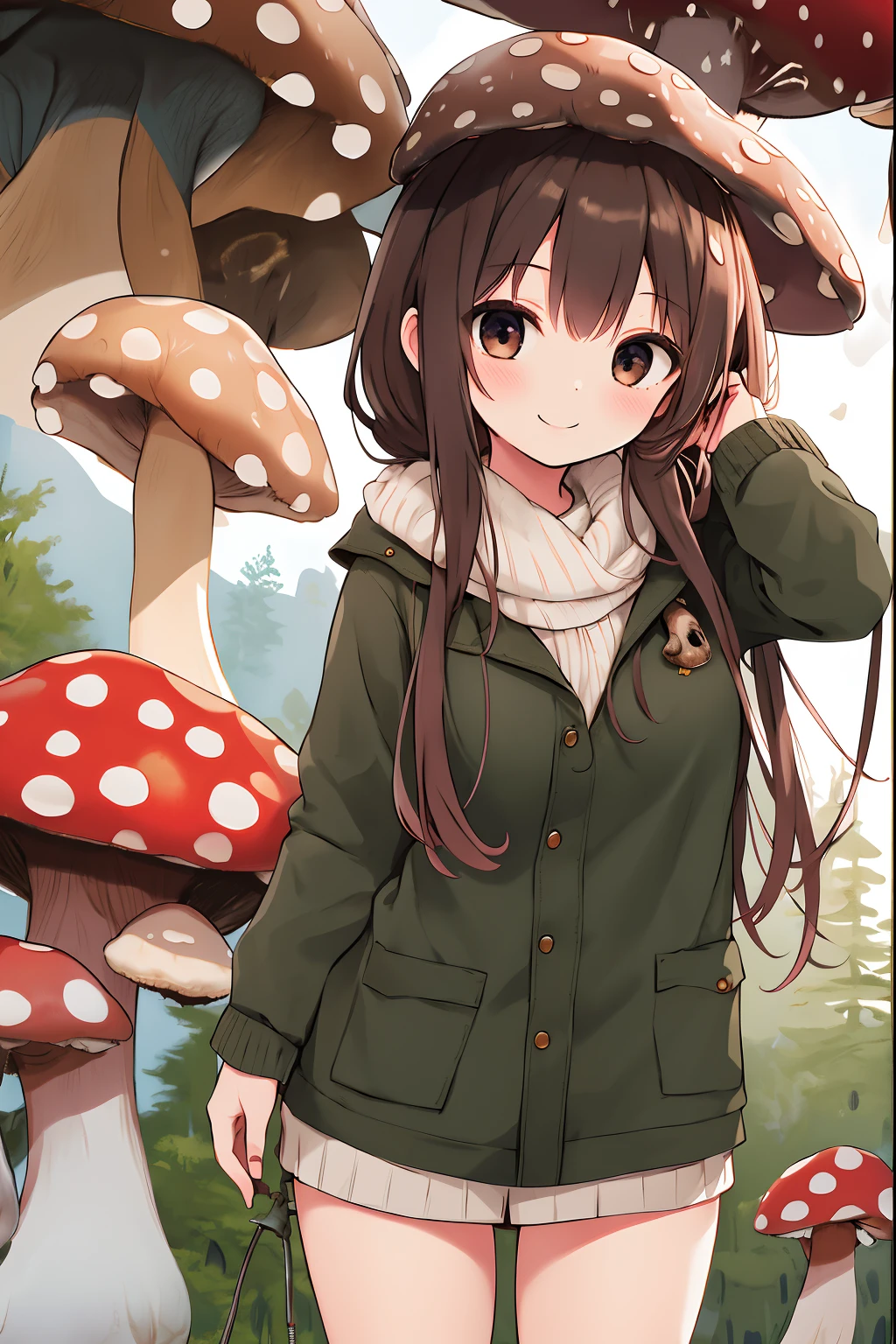 masterpiece, best quality, highres, 1girl, hair scrunchie, middle breast, cowboy shot, standing, smile, (mushroom on head:1.3), winter clothing